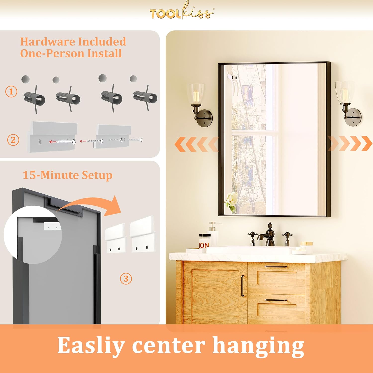 TOOLKISS Aluminum Frame Bathroom Mirror 28x36, Matte Black Rectangular Wall Mirror with Modern Metal Edge, Hangs Horizontal or Vertical for Vanity Living Room