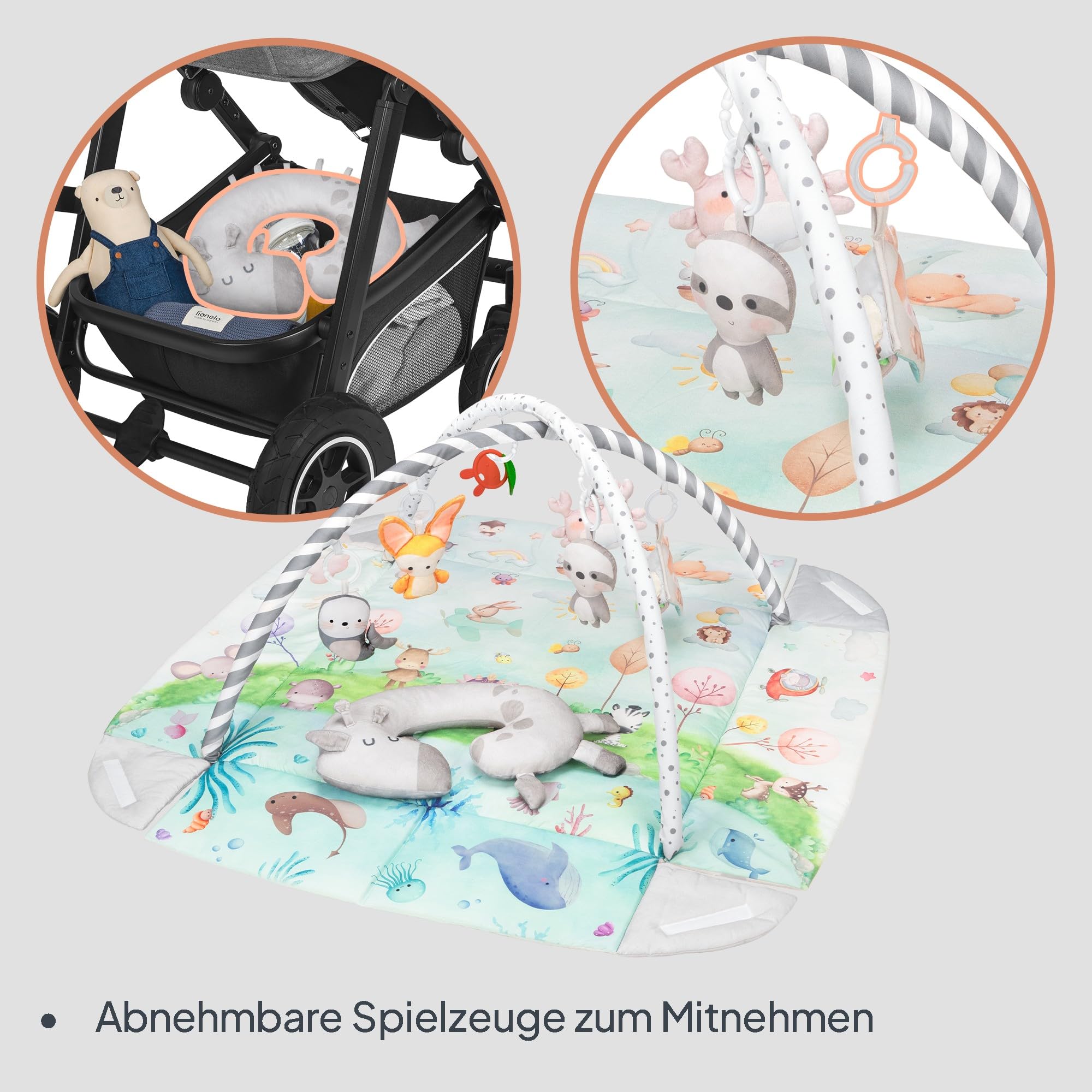 Lionelo Anika Natural Baby Spielmatte aus Bambus 0+ | mit 8 abnehmbaren Spielzeugen & Spielbogen, weiche Activity-Matte für Tummy Time & Bauchlage