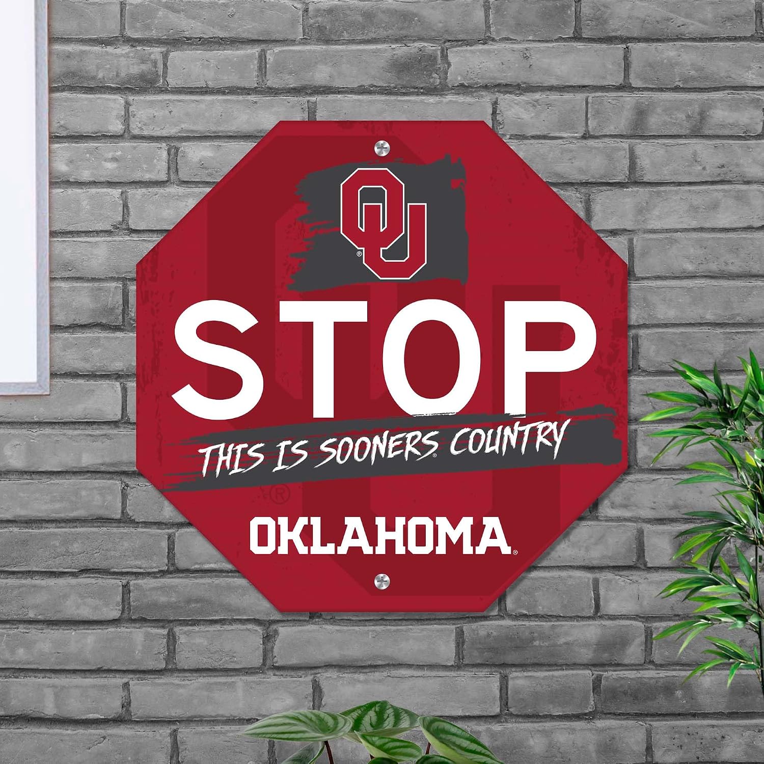 FANMATS 48242 University of Oklahoma Metal Stop Sign | Crimson | 18"x18" | Primary Logo with This is Sooners Country