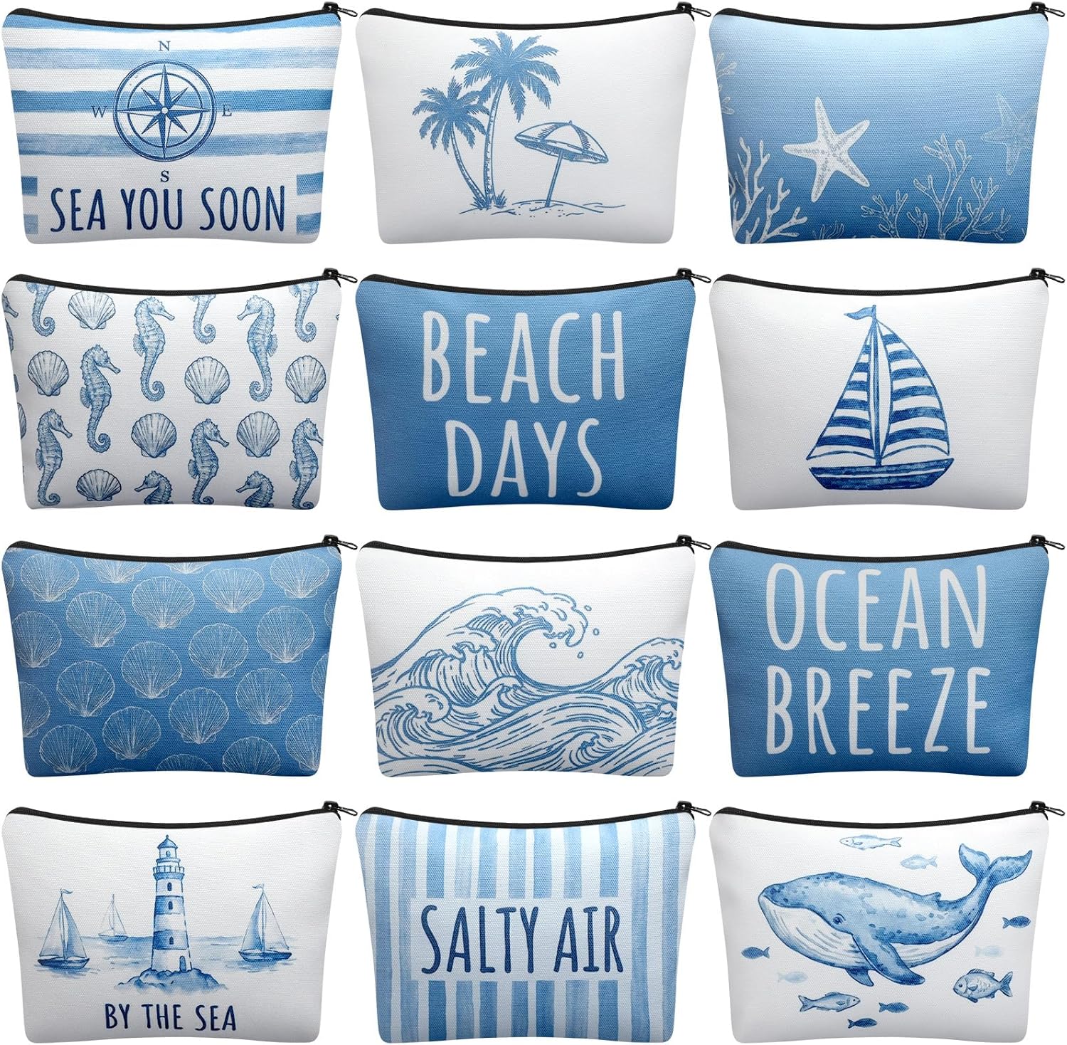 Hillban 12 Pcs Bulk Ocean Makeup Bags for Women Coastal Beach Themed Cruise Gift Bachelorette Party Favors Blue Seashell Cosmetic Pouches Sea Survival Kits for Travel Summer Vacation Gifts Supplies