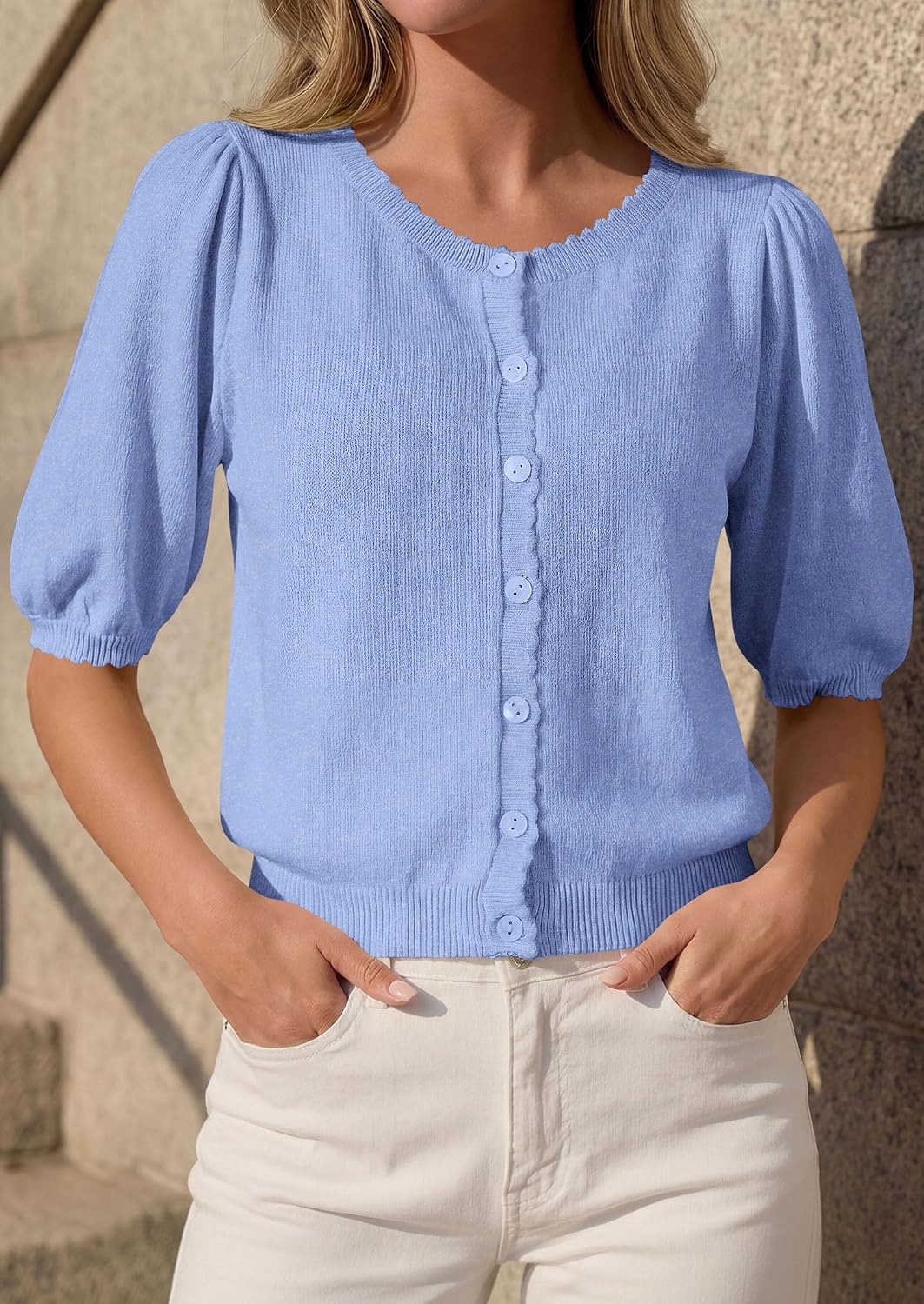 PRETTYGARDEN Puff Short Sleeve Cardigans for Women Lightweight 2026 Summer Shirts Button Up Knit Sweater Tops Spring Clothes