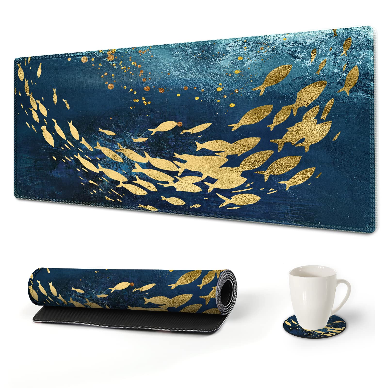 Large Gaming Mouse Pad Van Gogh, ArtSo Extended Stitched Edges Keyboard Mat Desk Mousepad Writing Pad 35.1 x 15.7 in, with Coaster, Golden Fish