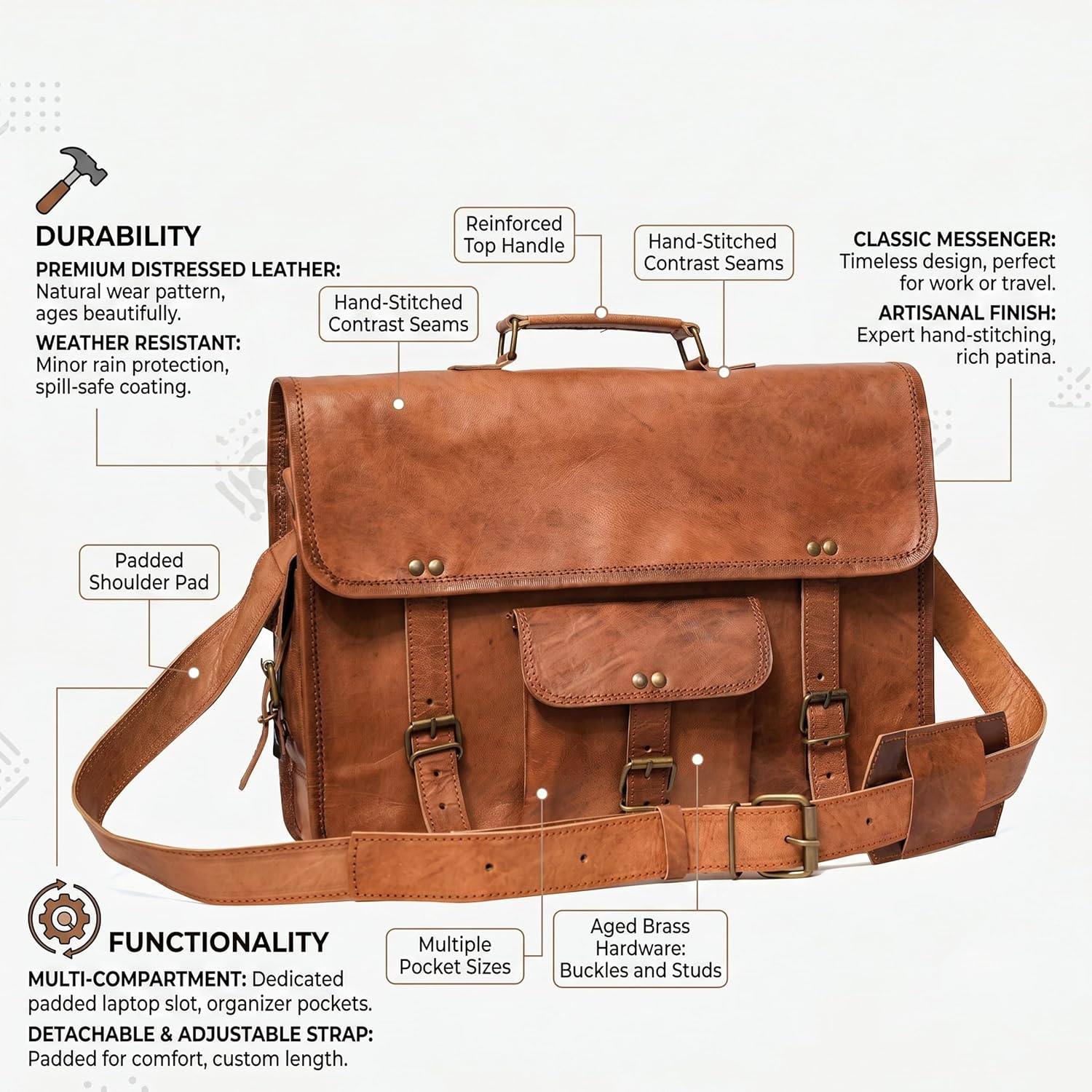 Leather Messenger Bag 15" Full Grain, Handmade Vintage Brown Satchel Briefcase for Men & Women