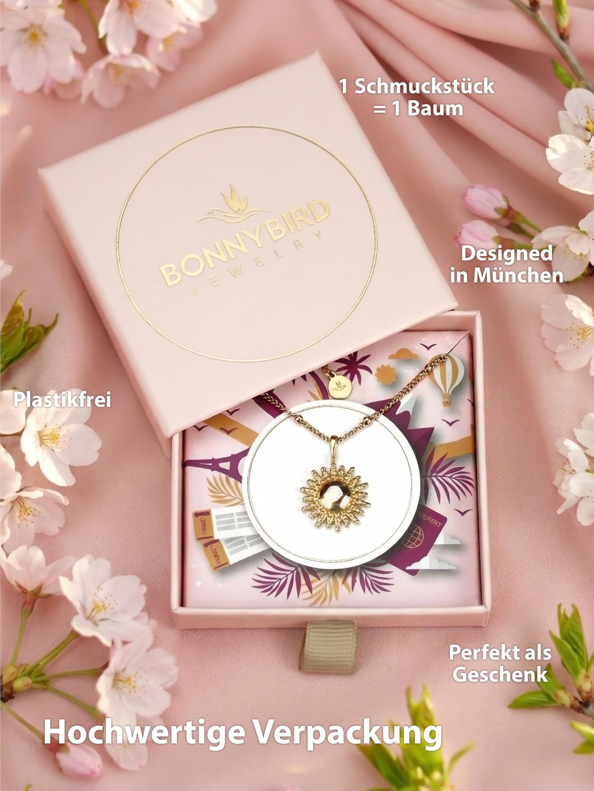 BONNYBIRD® Wasserfeste Edelstahl Kette Sonne Damen in Silber, Gold & Roségold, 100% Wasserfest & Hautverträglich BonnySun