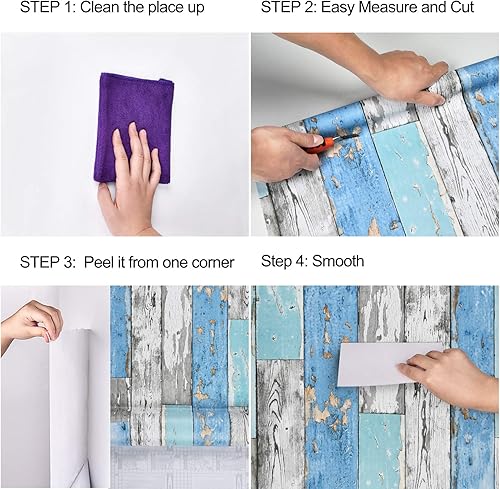 Miniatura 6 de Caltero Papel tapiz de tablones de madera de 17.71 pulgadas × 98.4 pies, papel tapiz de madera envejecida azul para despegar y pegar, papel tapiz de