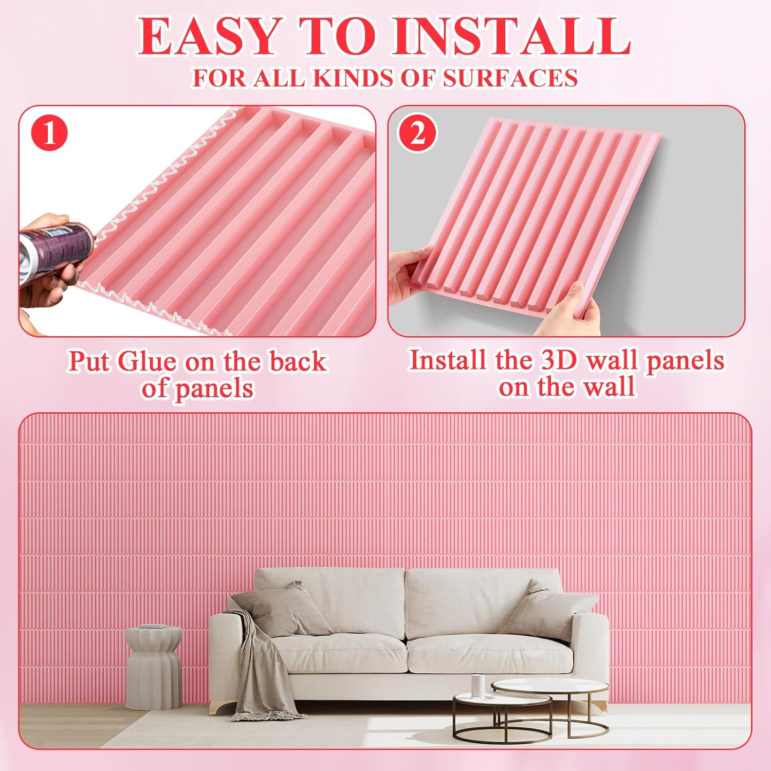 Nuanchu 32 Pcs 3D Slat Wall Panels, 12"x12" PVC Fluted Wall Paneling for Interior Decor, Paintable Waterproof Textured Tiles for Living Room TV Background Gaming Room, 32 Sq. ft Coverage (Pink)