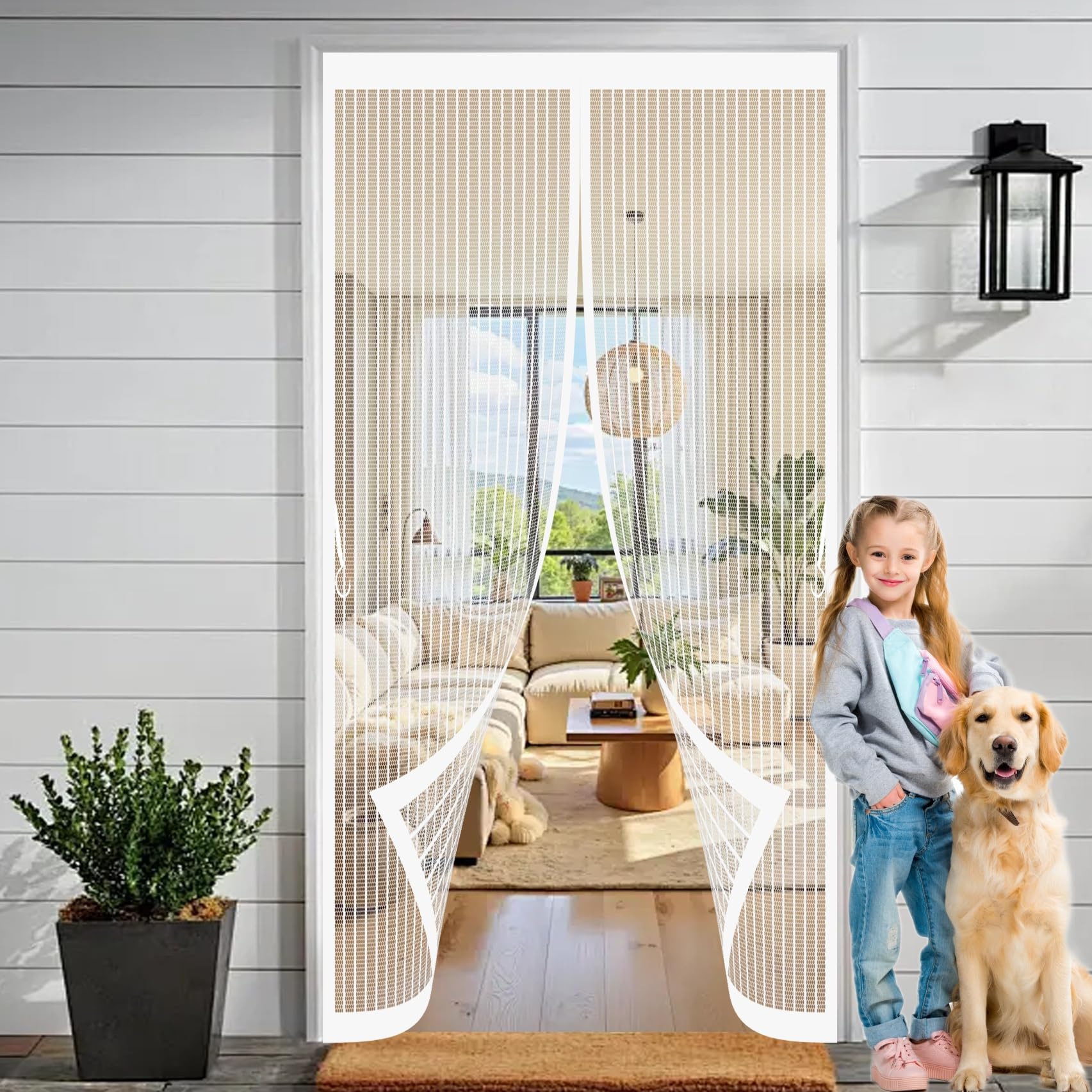 Fly Screens for Doors 155 x 180 cm with Powerful Magnets & Full Frame Magic Tape No Gap, Lets Fresh Air in, Keep Bugs Out Thermal Door Curtain Magnetic for Patio Doors Bedroom, White