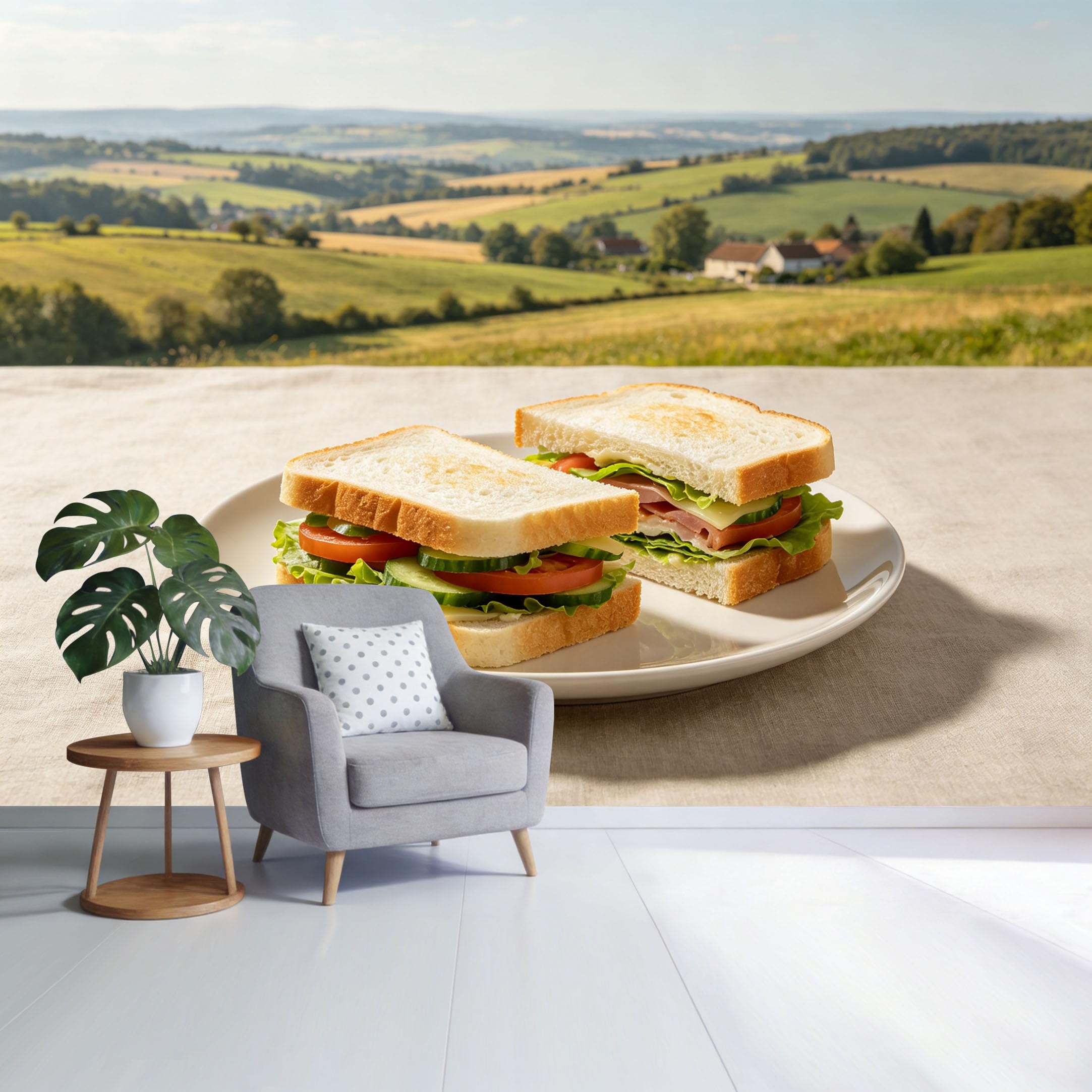 Custom Size Wall Mural Countryside Landscape Picnic Sandwich on Table Summer Field View SelfAdhesive Wall Fabric Removable Wallpaper for Home Office Decor