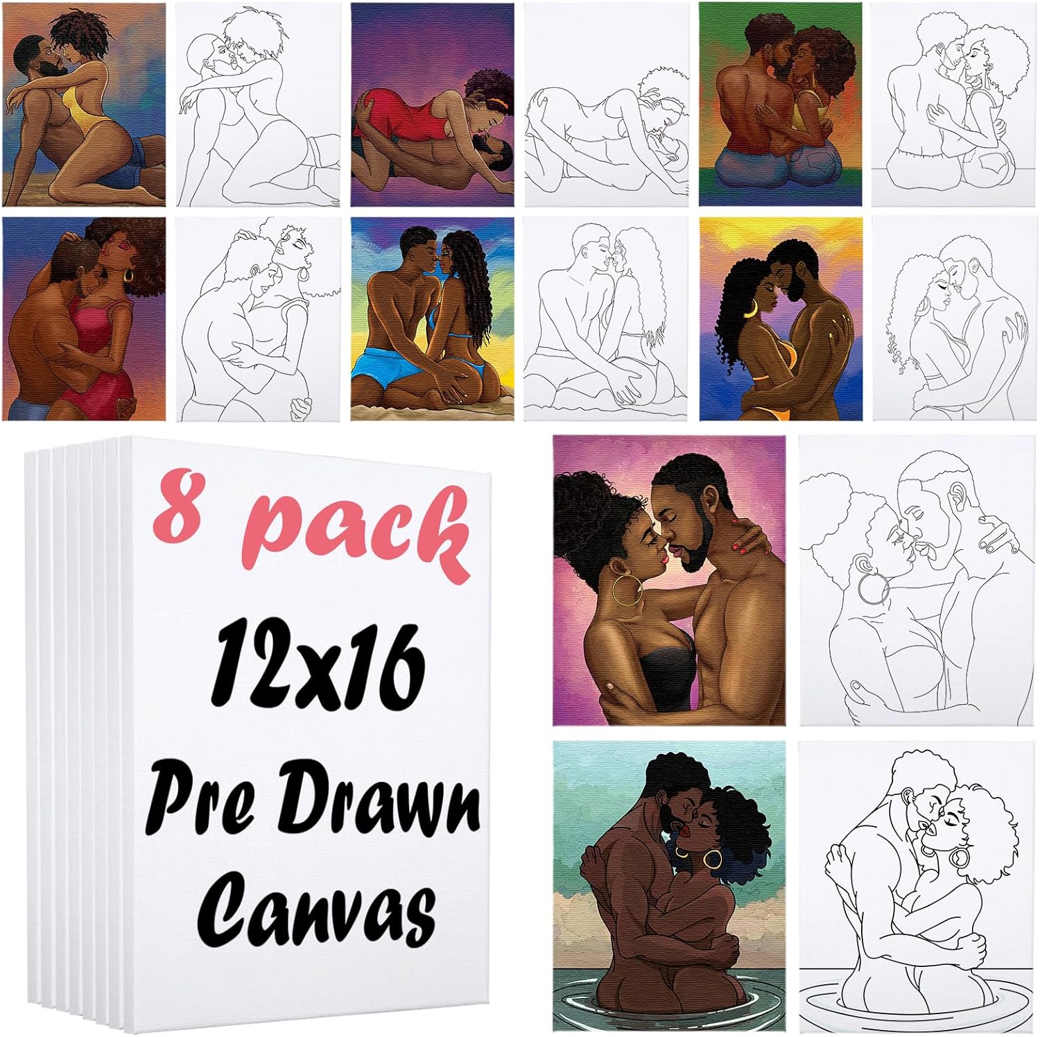 Nuberlic 8 Pack Sip and Paint Kit for Adult's Date Night Pre Drawn Canvas for Painting for Adults Pre-Stretched Canvas Outline for Paint and Sip Kit Love Theme Valentine's Day Gift 12x16 Inch