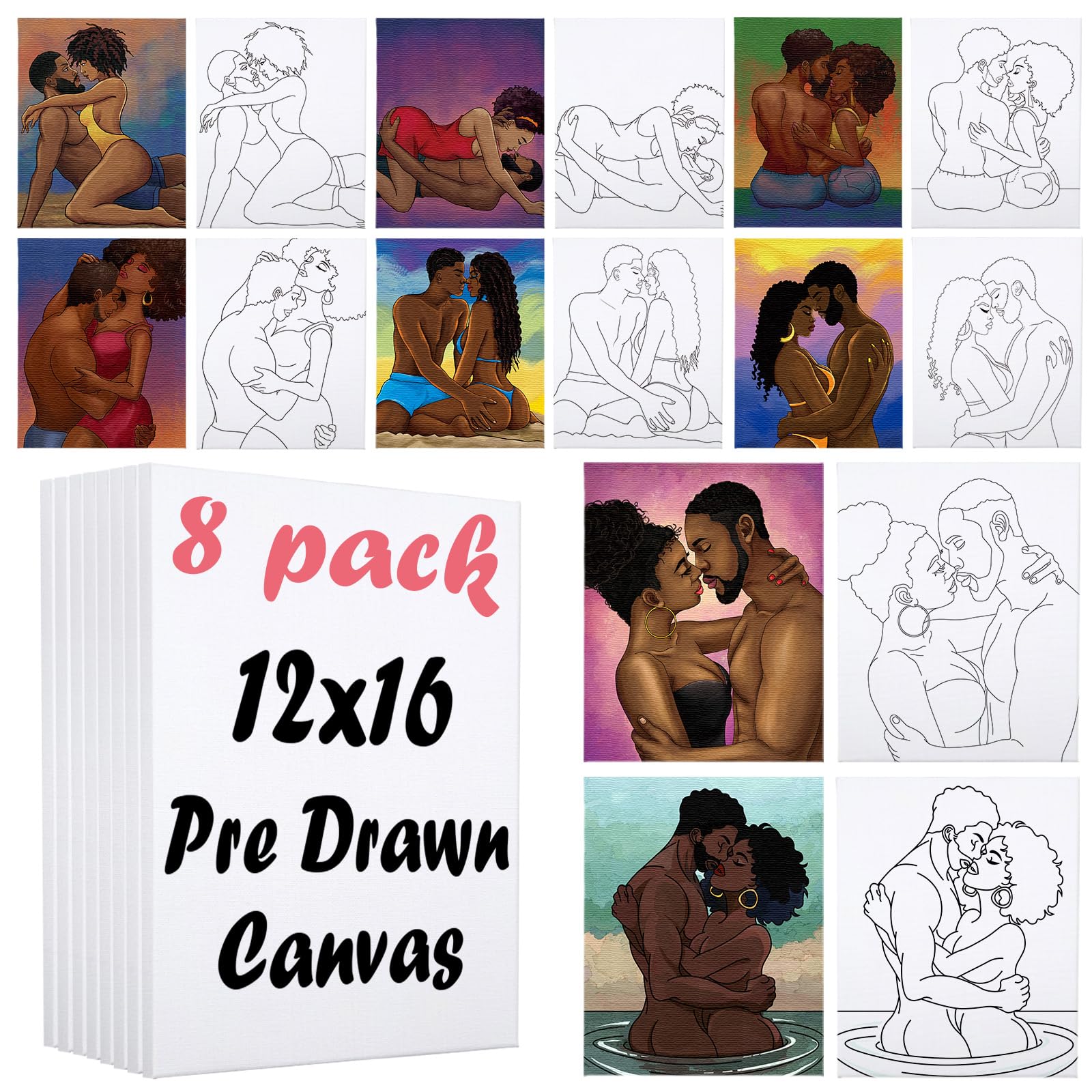 Nuberlic8 Pack Sip and Paint Kit for Adult's Date Night Pre Drawn Canvas for Painting for Adults Pre-Stretched Canvas Outline for Paint and Sip Kit Love Theme Valentine's Day Gift 12x16 Inch