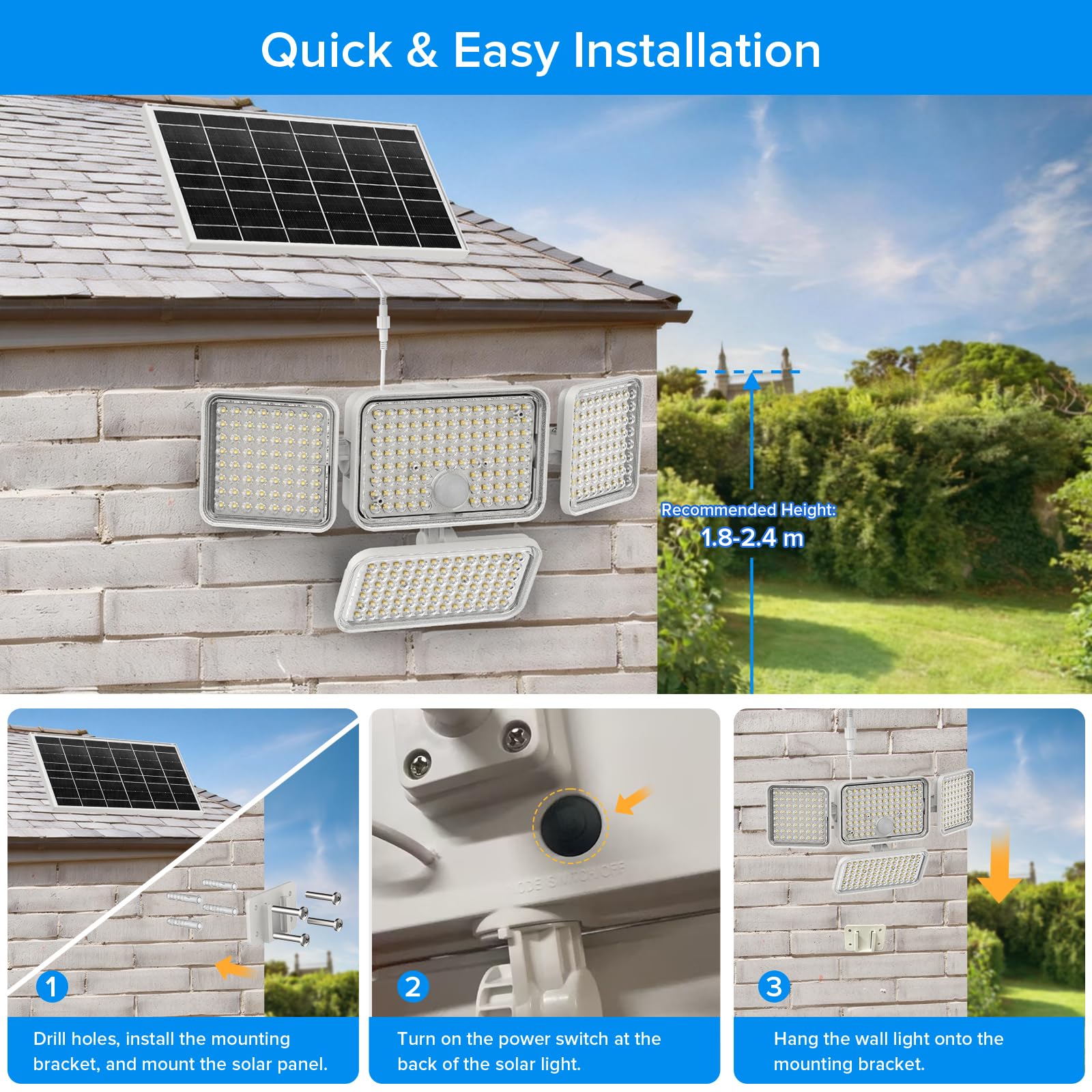 SANSI Lampada Solare da Esterno con Sensore di Movimento, 12W 1500lm Luce di Sicurezza con Telecomando, 3 Modalità di Illuminazione PIR, 6000mAh, Impermeabile IP65 per Patio Giardino Garage Veranda