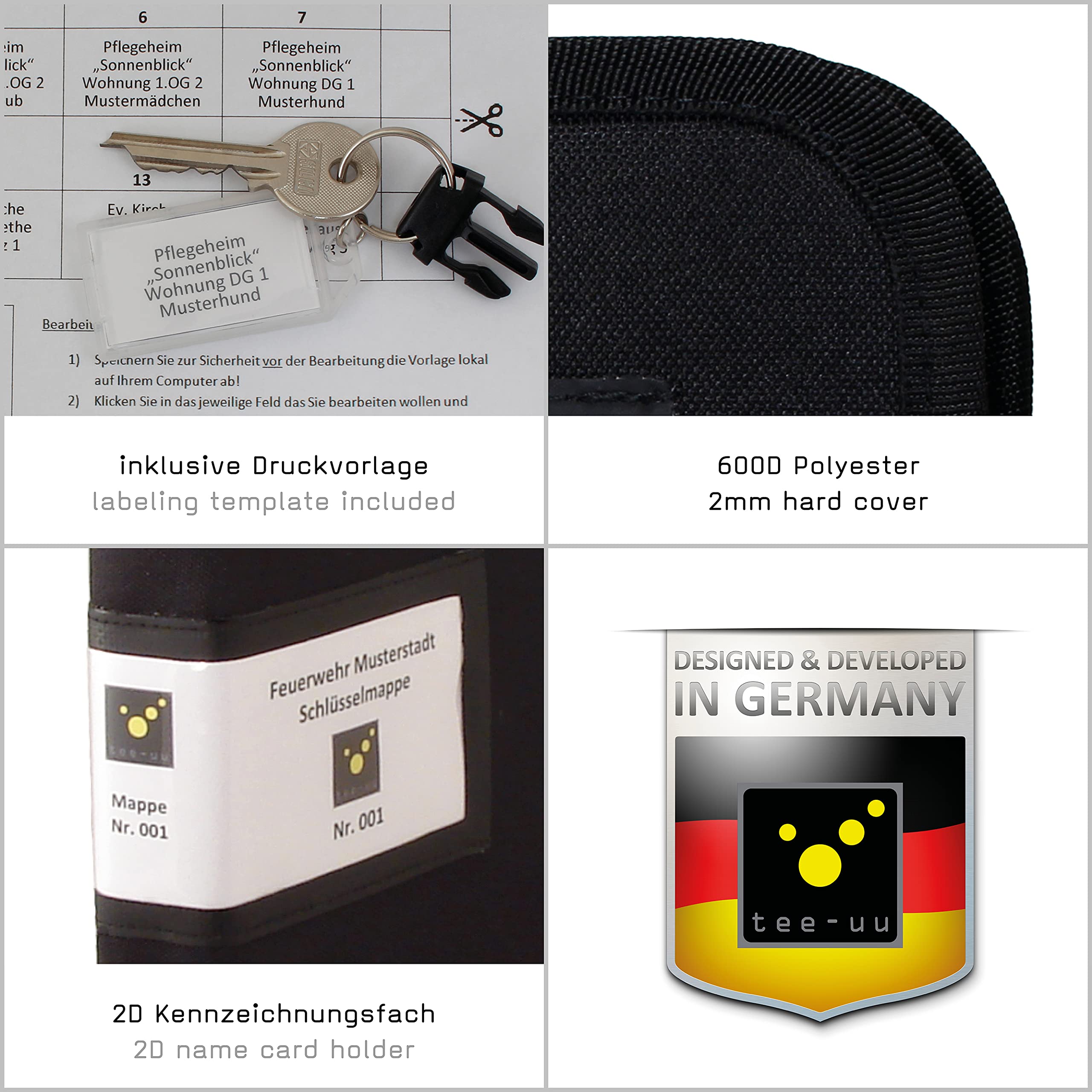tee-uu KEYFRIEND Schlüsselmappe schwarz | klein | kompakt | für bis zu 10 Schlüssel | passt ins Handschuhfach | Beschriftungsvorlagen für Kennzeichnungsfeld