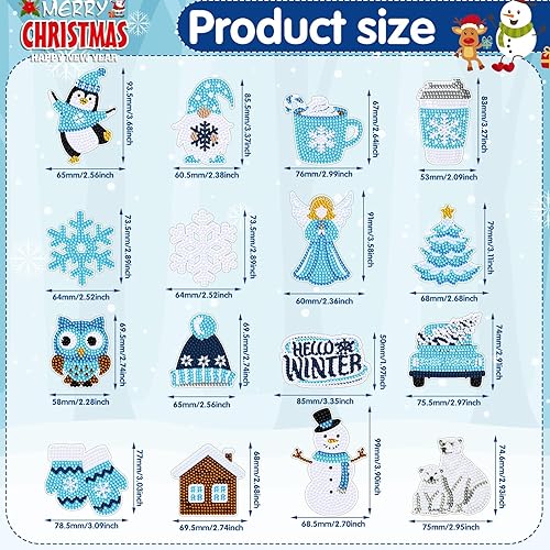 Miniatura 3 de 16 piezas de arte de diamantes de invierno para refrigerador, pintura de diamantes de Navidad, imanes de pingüino de invierno, copos de nieve,