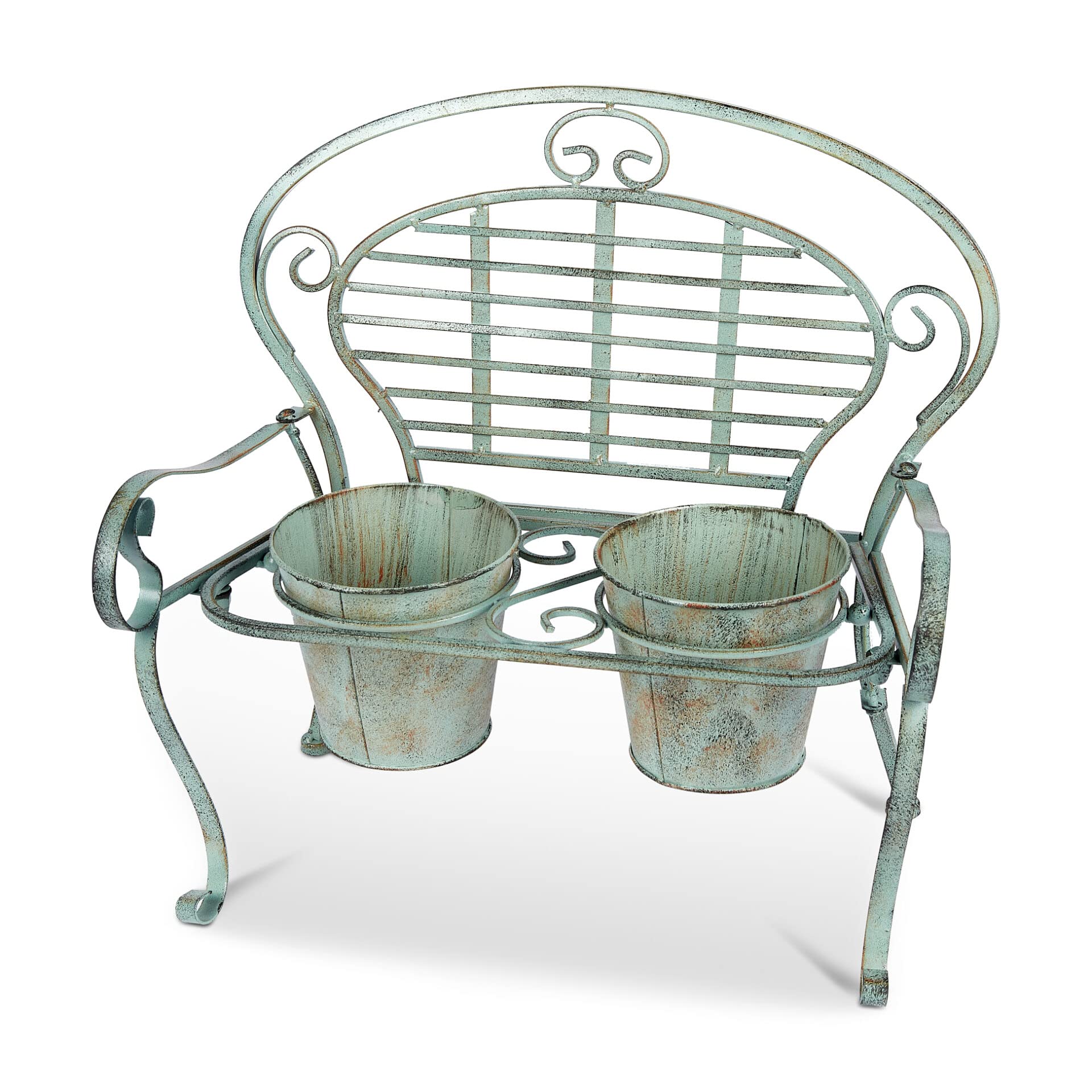 AuraHome Decorative Vintage Wrought Iron Bench Planter Patio Garden Flower Stand includes 2 Plant Pots Decorative Scroll Verdigris 50cm Wide x 48cm Height