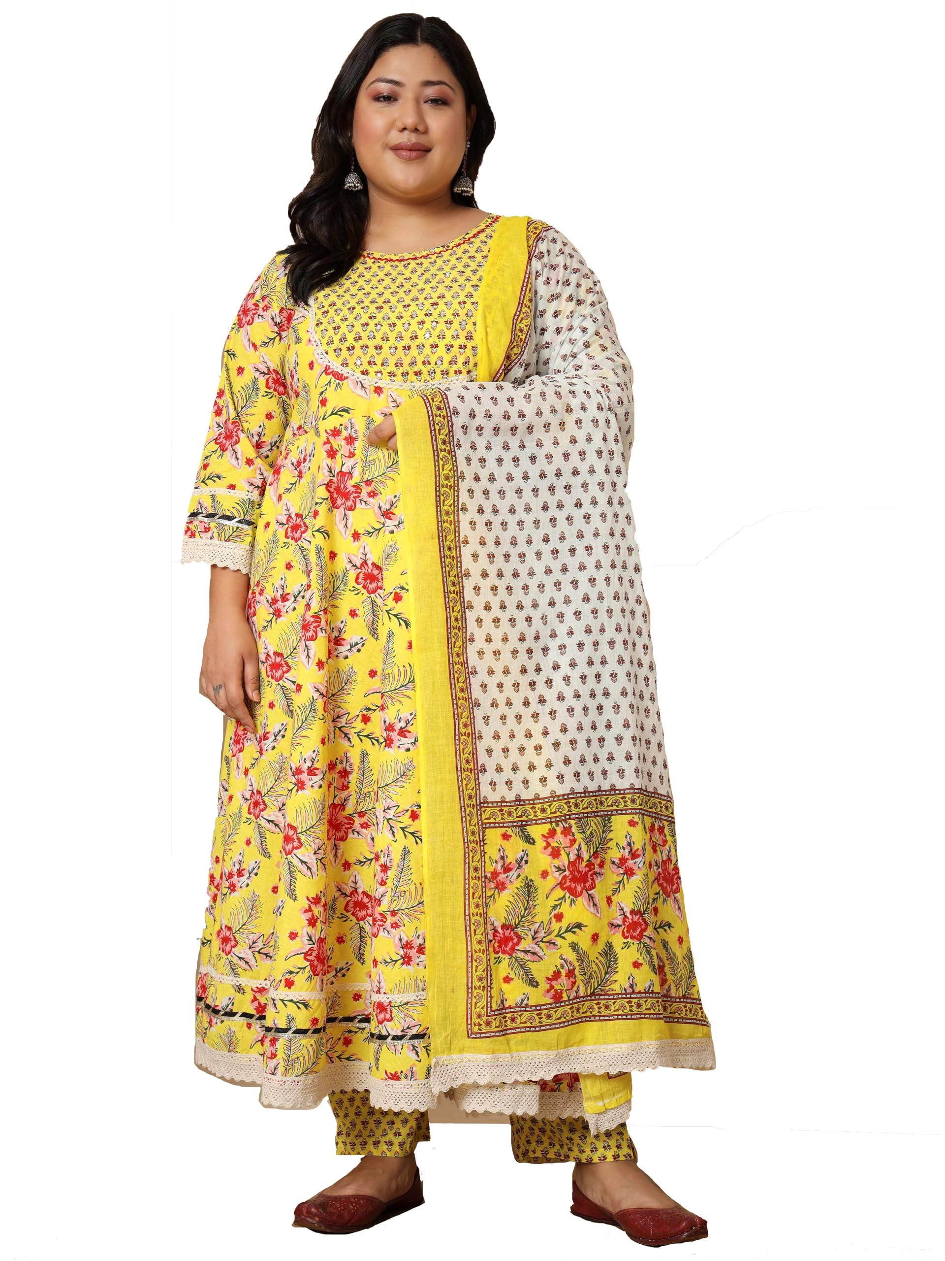 VbuyzWomen's Printed & Embroidered Anarkali Cotton Yellow Stitched Kurta Pant with Dupatta