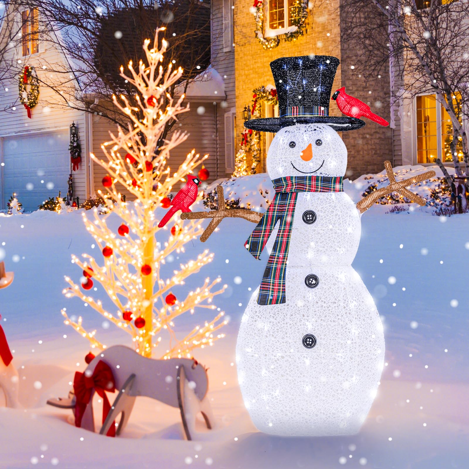 SOARS Decorazioni Natalizie, Pupazzo di Neve 99 X 16 X 127 CM con 70 Luci LED, 2 Uccellini Rossi, Resistente alle Intemperie, Addobbi Natalizi per Esterno & Interno per Salone, Giardino, Cortile