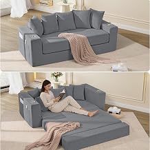76" Convertible Sofa Bed, 3-in-1 Loveseat Folding Couch with Cup Holder & Pocket, Corduroy Pull-Out Sofa with 5 Pillows, Deep Seat Futon for Living Room, Apartment, No Assembly Needed, Dark Grey