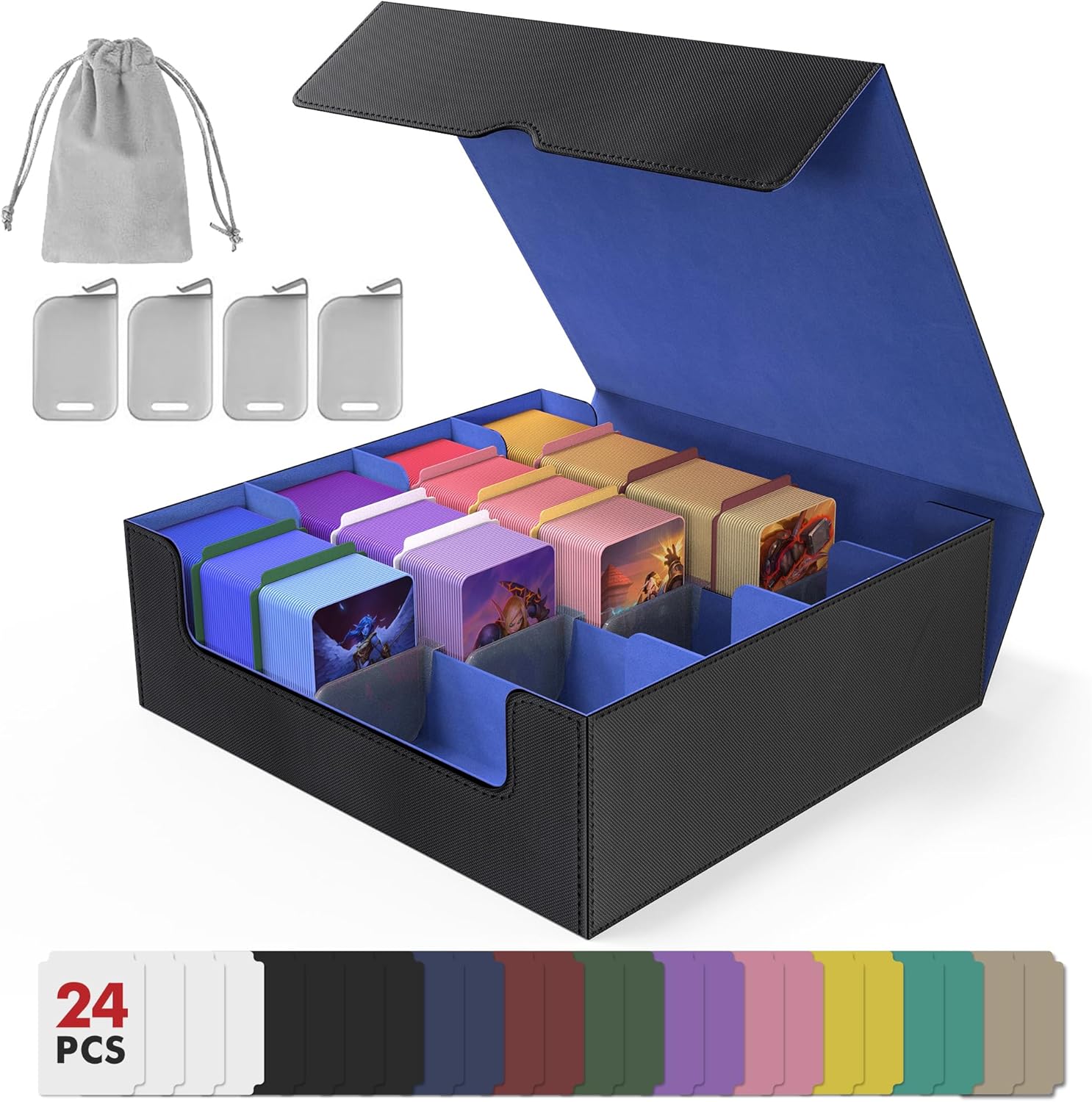 3200+ Capacity Trading Card Storage Box, Holds 3.7in Cards MTG Commander Deck Box with 24 Color-Coded Dividers & 4 Reinforced Supporters, Thick Card Organizer Fit for Magic, TCG, YuGiOh, Sports Cards