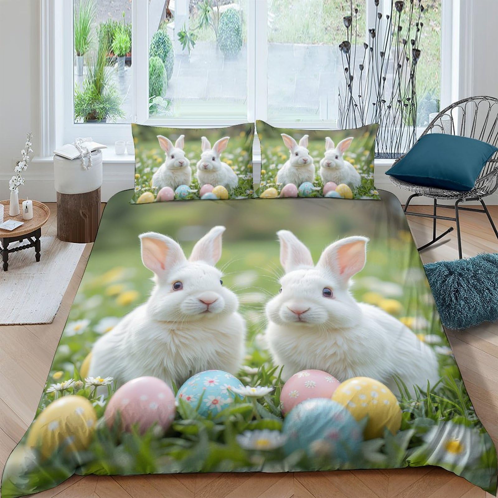 Ctjqhvkz Style-8 3D Printed Bunny Easter Fitted Sheet Microfiber Soft Pastel Egg Mattress Cover Anti-Slip For Bedroom Guest Room Decor Single（135X200cm）