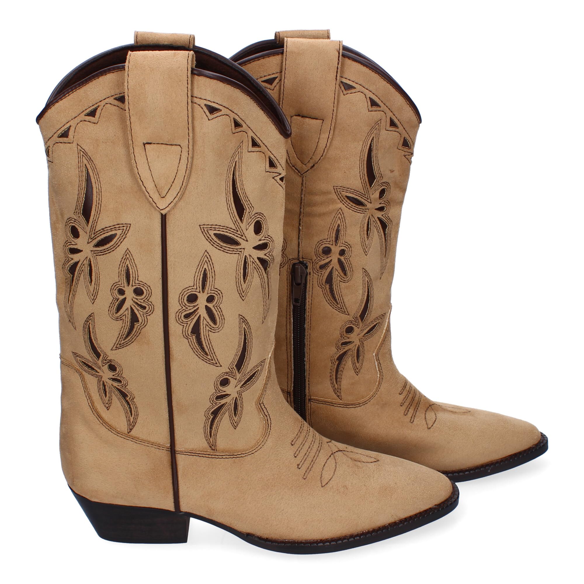 Botas de Mujer Elegantes con Tacon Campero y Adornos Bordados, Cierre Lateral con Cremallera, Puntera Fina