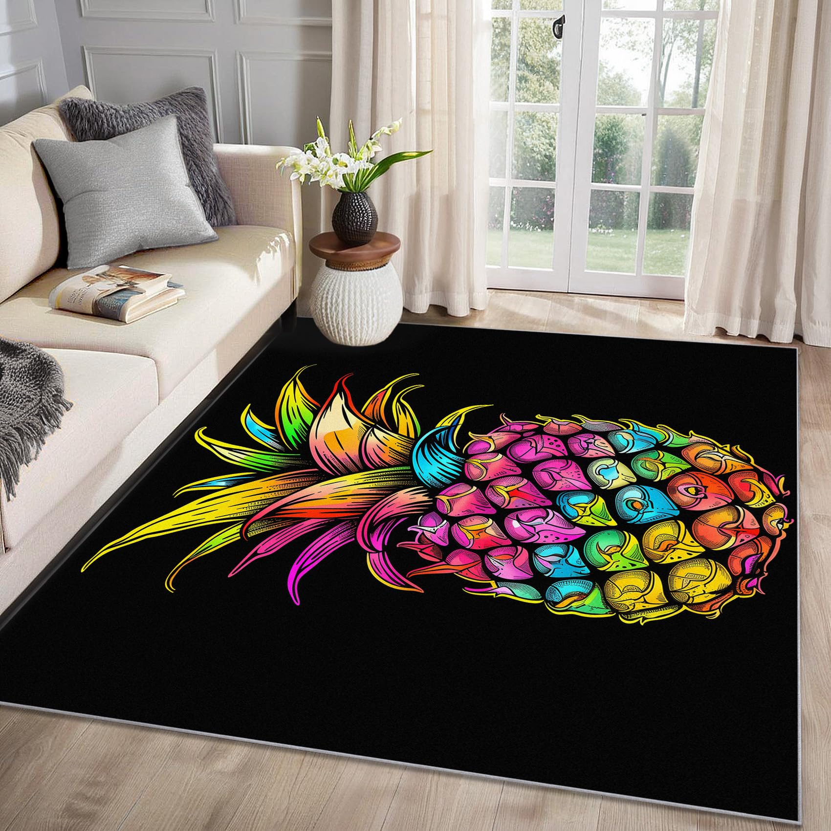 MMYAOKEN Pineapple Decoration - Pineapple Rug 140 x 200, Tropical Fruit Colorful Ombre Patterned Area Rugs for Living Room Bedroom, Machine Washable Non Slip Soft Carpet, Summer Fruits Home Decor