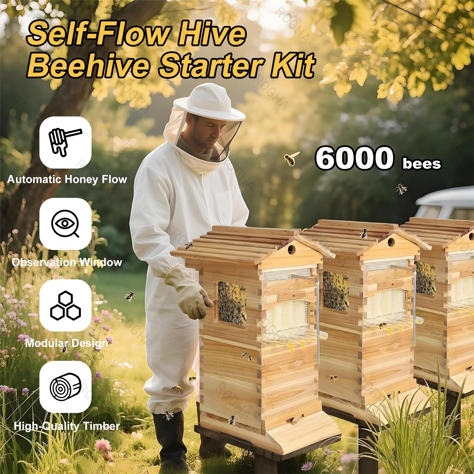 Equipo de Apicultura autofluyente, Kit Completo de Colmena para Principiantes, con 4 Marcos de Panal autofluyentes y 6 Cajas de cría, Capacidad para 6000 Abejas,para Exteriores