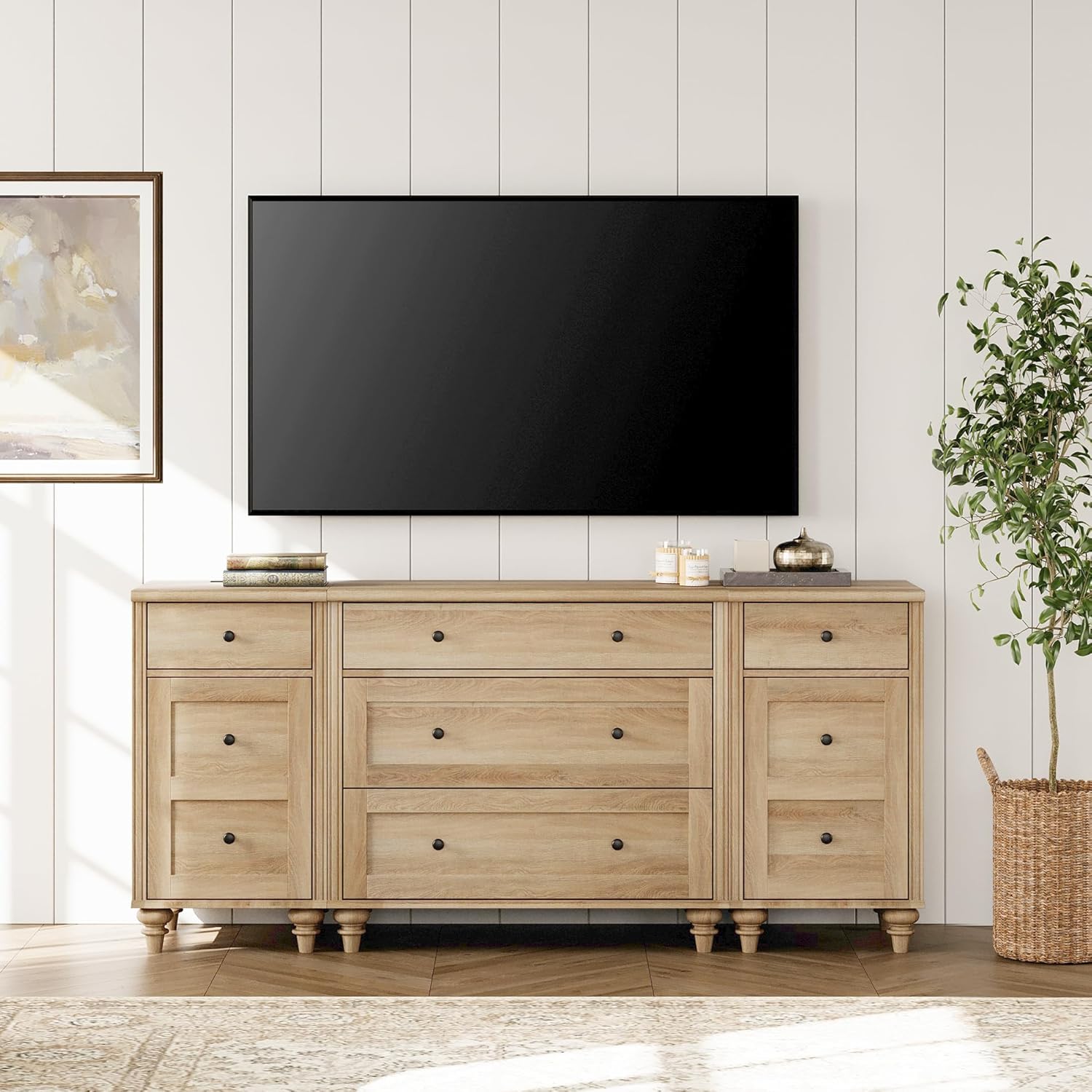 WAMPAT Modern TV Stand for 75 Inch TV, Wood Dresser with 5 Drawers and 2 Doors, Nightstands with Charging Station for Living Room Wood TV Console Table for 70 65 80 inch TV for Bedroom, Oak