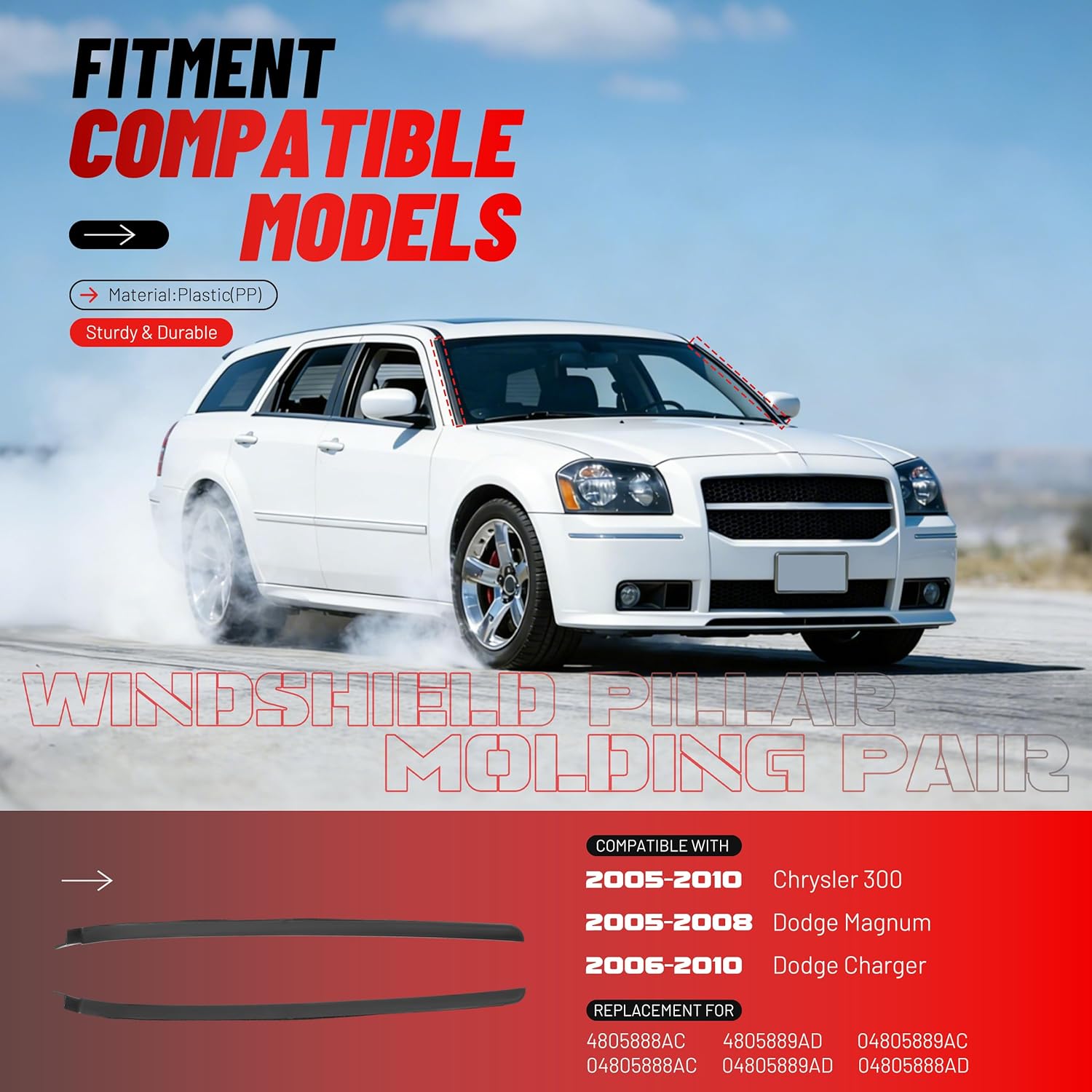 ALMULOO Windshield Pillar Molding Pair Compatible with 2005-2010 Chrysler 300 2005-2008 Dodge Magnum 2006-2010 Charger, Replacement for 04805889AD, 04805888AC, PP Plastic
