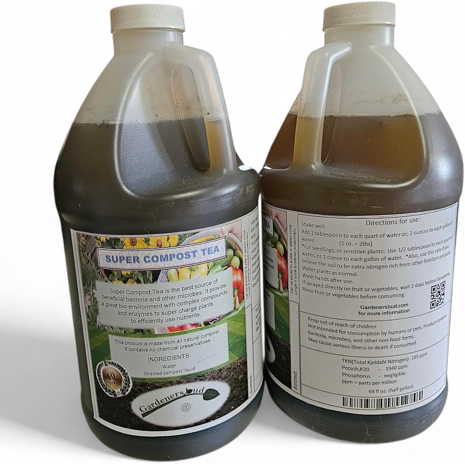 Super Compost Tea (128 oz - 1 Gallon, in Two Half Gallon Bottles) Natural and Organic for Plant Food, Nutrient, Fertilizer and Growth Efficiency