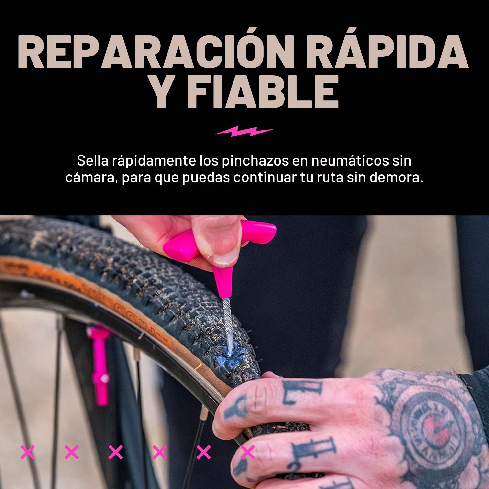 Muc-Off Kit Reparador de Neumáticos de Bicicleta - Kit Reparador Pinchazos de Bicicleta para Ruedas Tubeless - Incluye Herramienta Antipinchazos Punzón y Escariador 2-en-1, 10 Tiras, 1 Bolsa