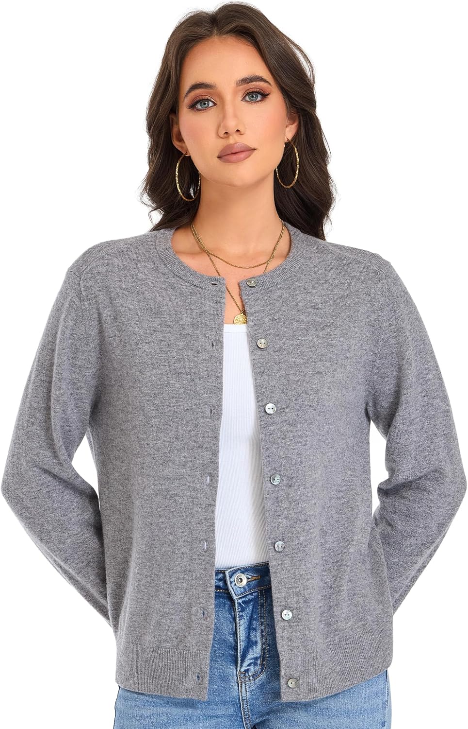 Womens Button Up Sweater - 100% Merino Wool Cardigan with Real Shell Buttons Knit Warm Sweater for Spring Fall Winter - Image 4