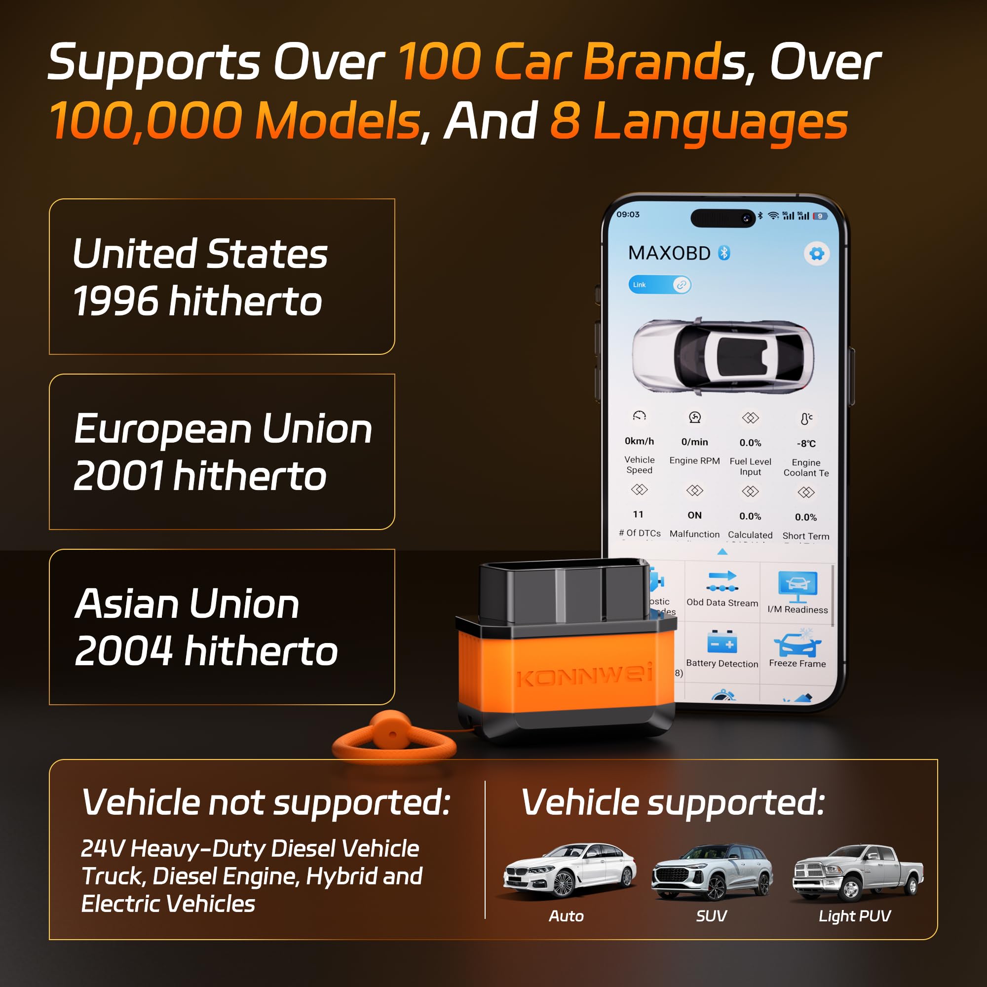 KONNWEI OBD2 urządzenie diagnostyczne Bluetooth, bezprzewodowy skaner diagnostyczny z włącznikiem sieciowym – OBD-II narzędzia diagnostyczne do iOS, Android, narzędzia diagnostyczne układu (Polski)