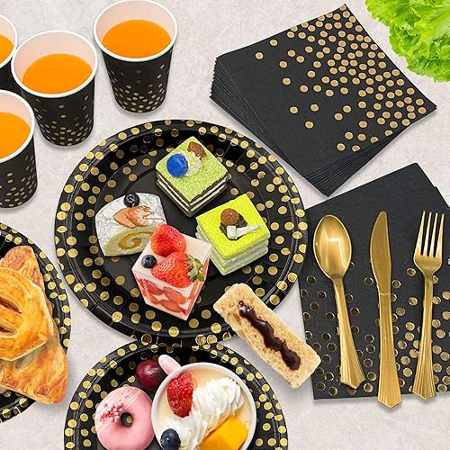 Miniatura 4 de 175 piezas de suministros de fiesta negros y dorados 25 vajillas desechables para fiestas tenedores de plástico dorado cucharas y platos de papel
