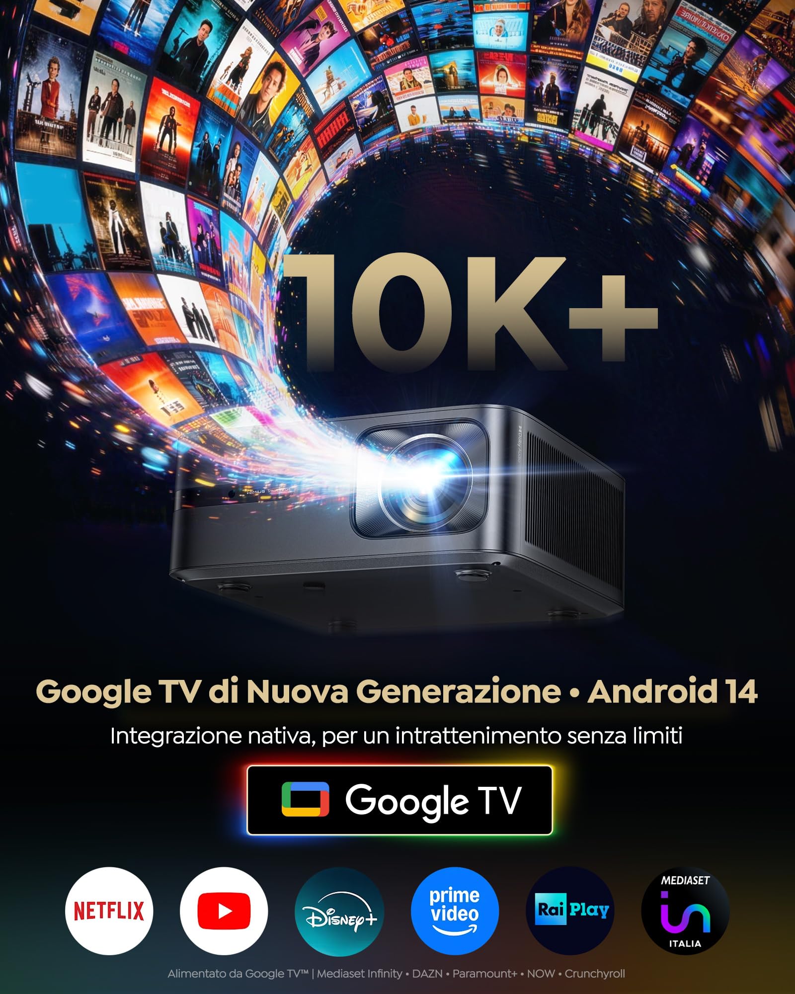 Wimius Proiettore 4K Smart TV 2+32GB Google TV 14.0 MEMC 2200 ANSI 44W Dolby AutoFocus 6D Keystone HDR10 Bluetooth WiFi