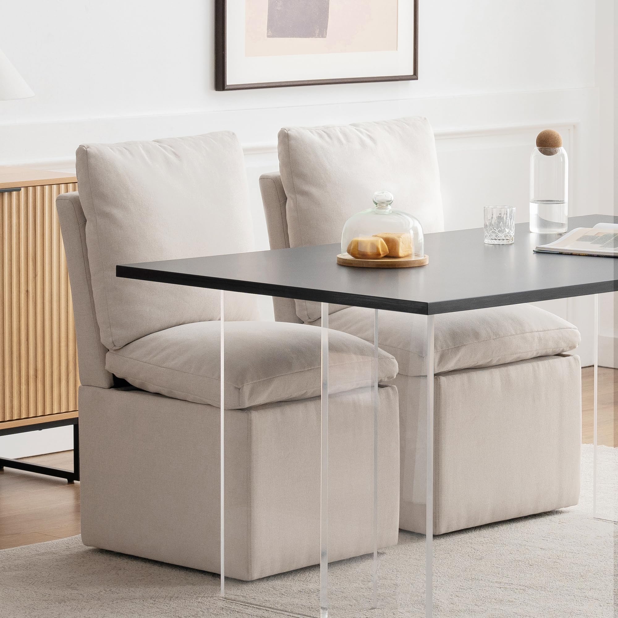 HoeuThien Upholstered Dining Chair with Casters Set of 2 Modern Linen Fabric Accent Side Chair Armless Rolling Dining Chairs with Storage for Kitchen