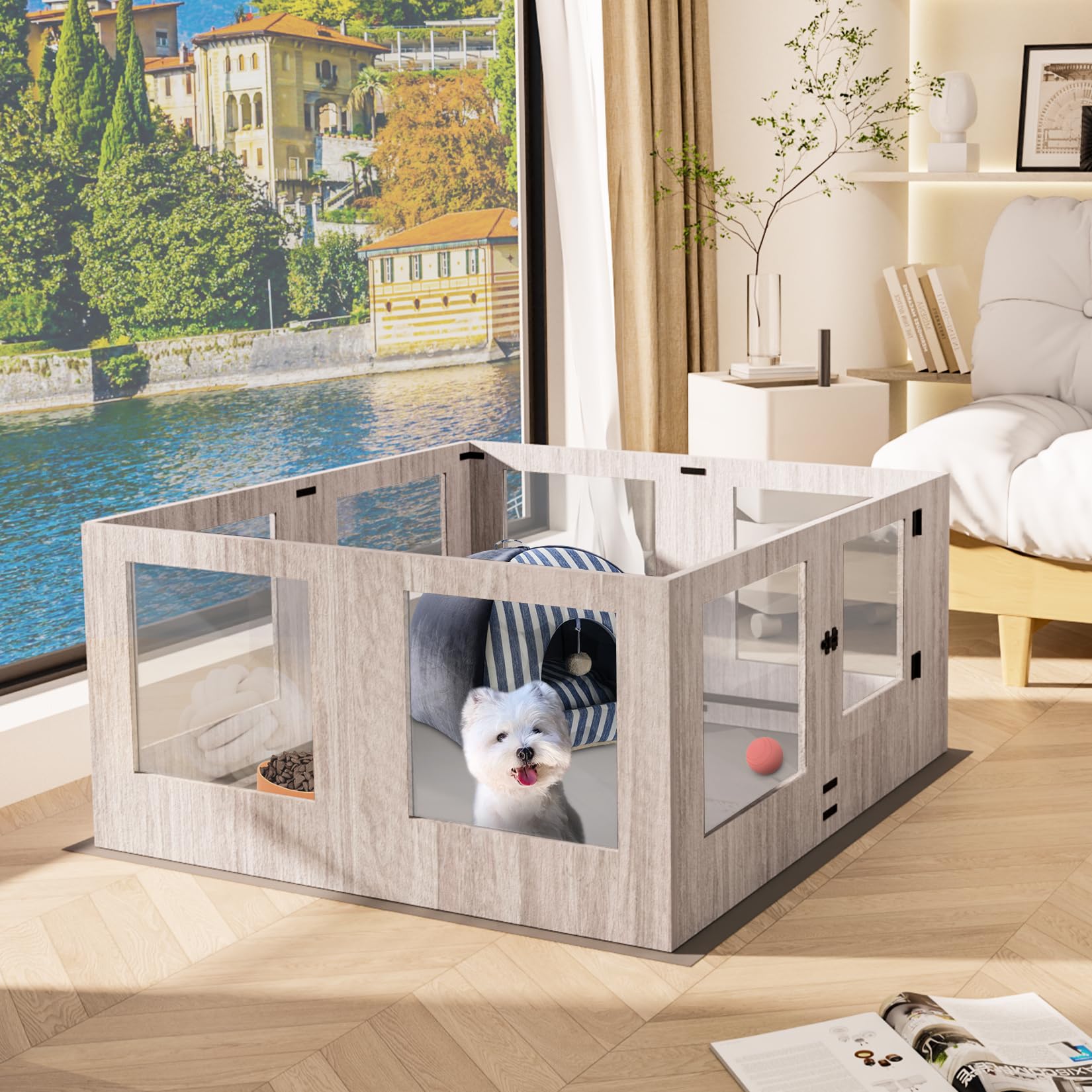 BingoPaw Parc pour Chien Intérieur Carré: Enclos Grand pour Chiot Chat Caisse de Mise Bas en Verre Trempé avec Porte pour Animaux pour Jeu avec Un Tapis - 120x118.6x60cm