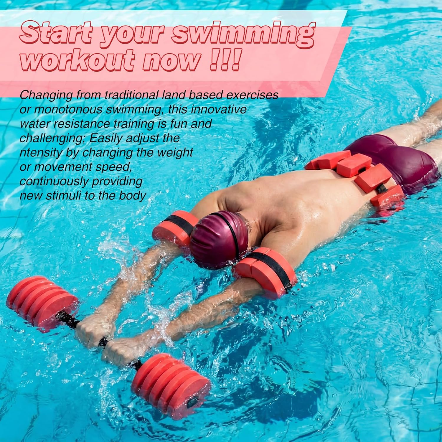 Soulchen Pool Exercise Set Including Long Aquatic Exercise Dumbbells,Pool Ankle Weights,Swim Belt,Water Aerobics Water Aerobics Equipment Set for Full Body Swim Training Kit