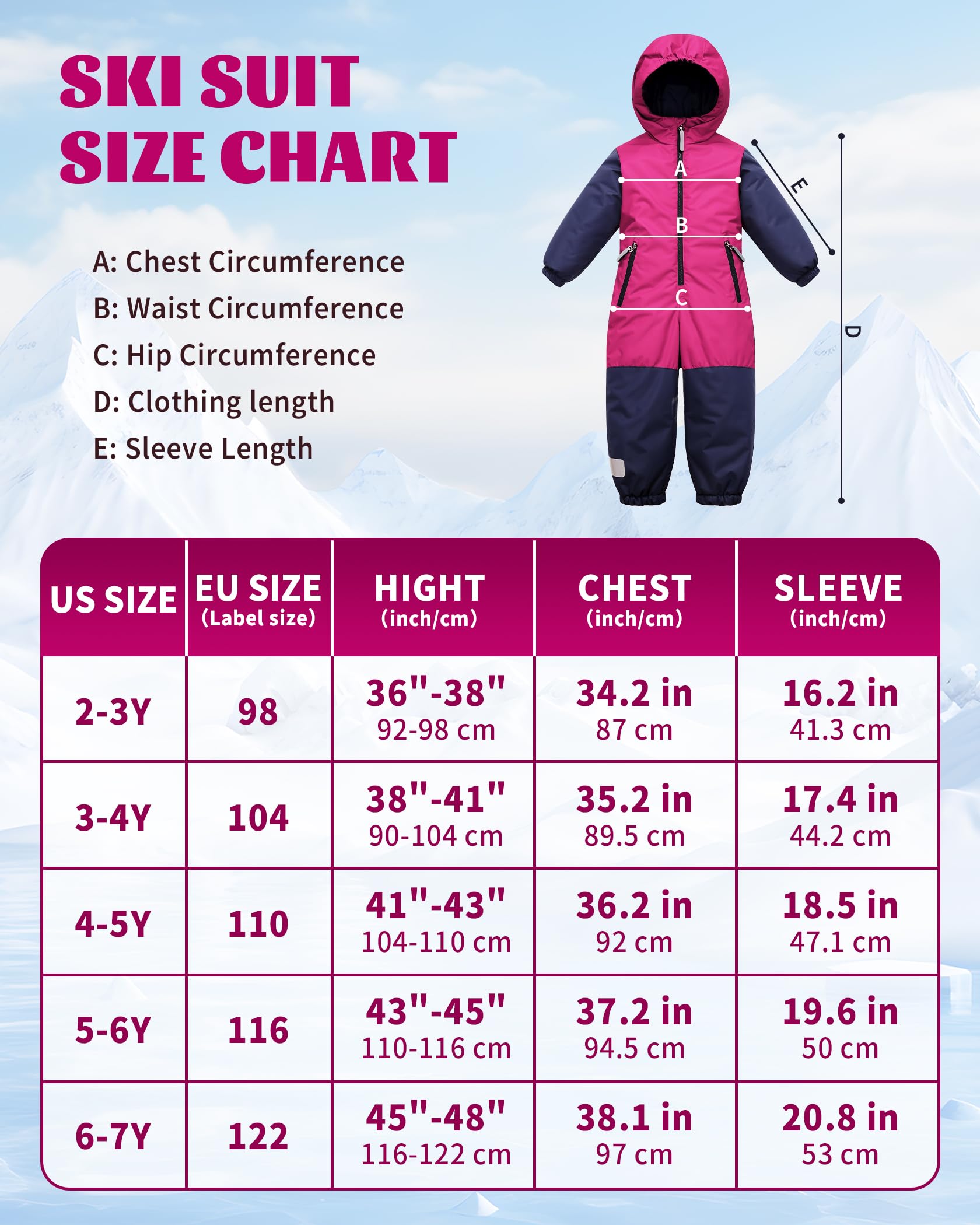 Owntop Schneeanzug Kinder Unisex, Schneeoverall Mädchen Jungen, Winddicht Wasserdicht Skianzug mit Kapuze Reißverschluss (Rosa,104)