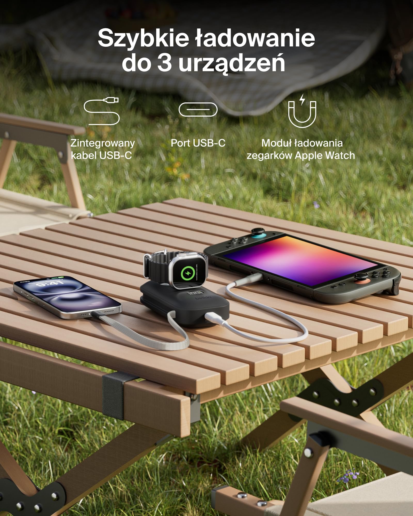 Belkin BoostCharge Pro Powerbank 10000mAh z Ładowarką do Zegarka Apple Watch, Przenośna Ładowarka z Wbudowanym Kablem USB-C w Oplocie i Wyświetlaczem Cyfrowym, 45 W, do Ładowania 3 Urządzeń – Czarny