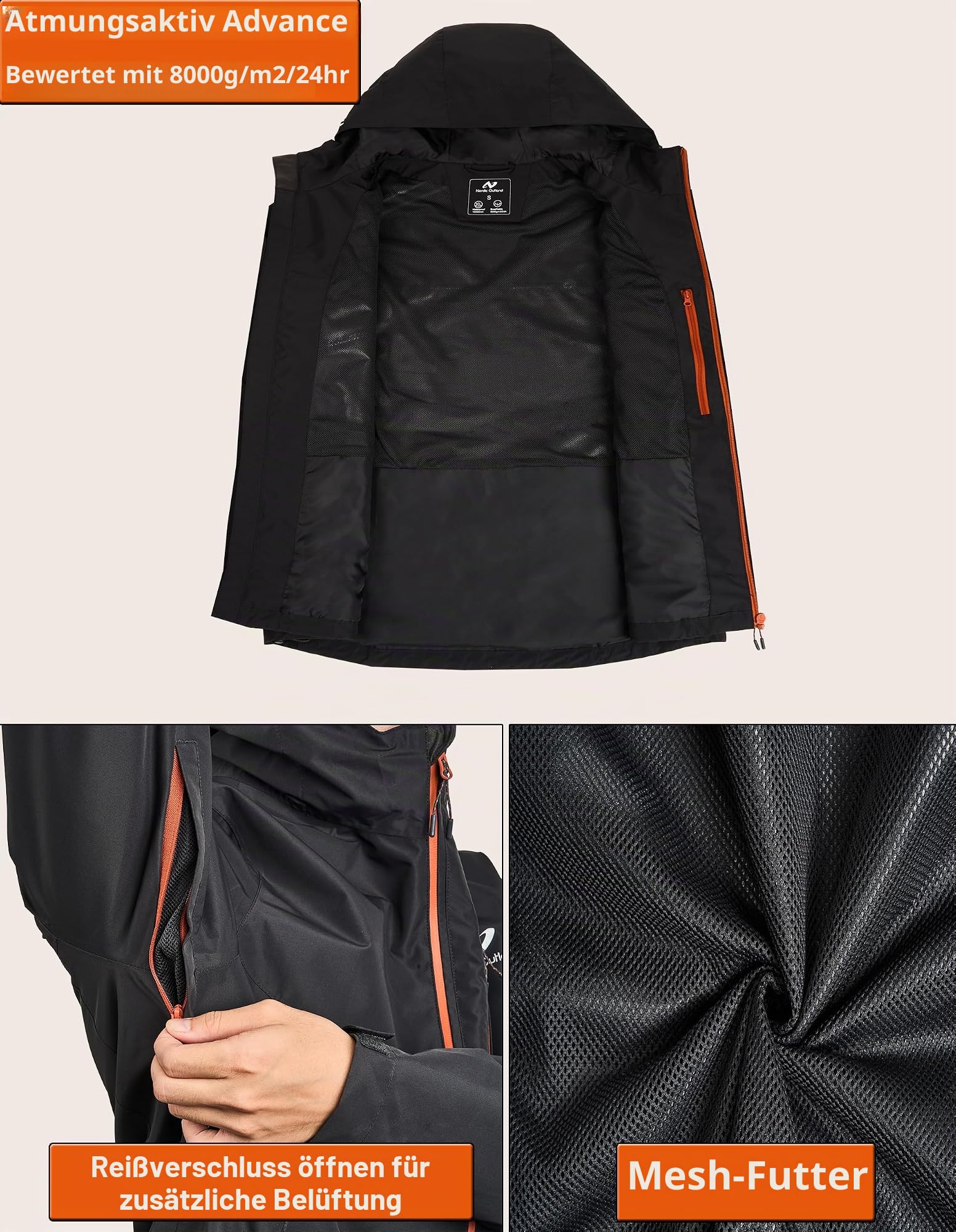 NORDIC OUTLAND Leichte Herren-Regenjacke mit Kapuze, wasserdicht, atmungsaktiv, Regenmantel für Outdoor
