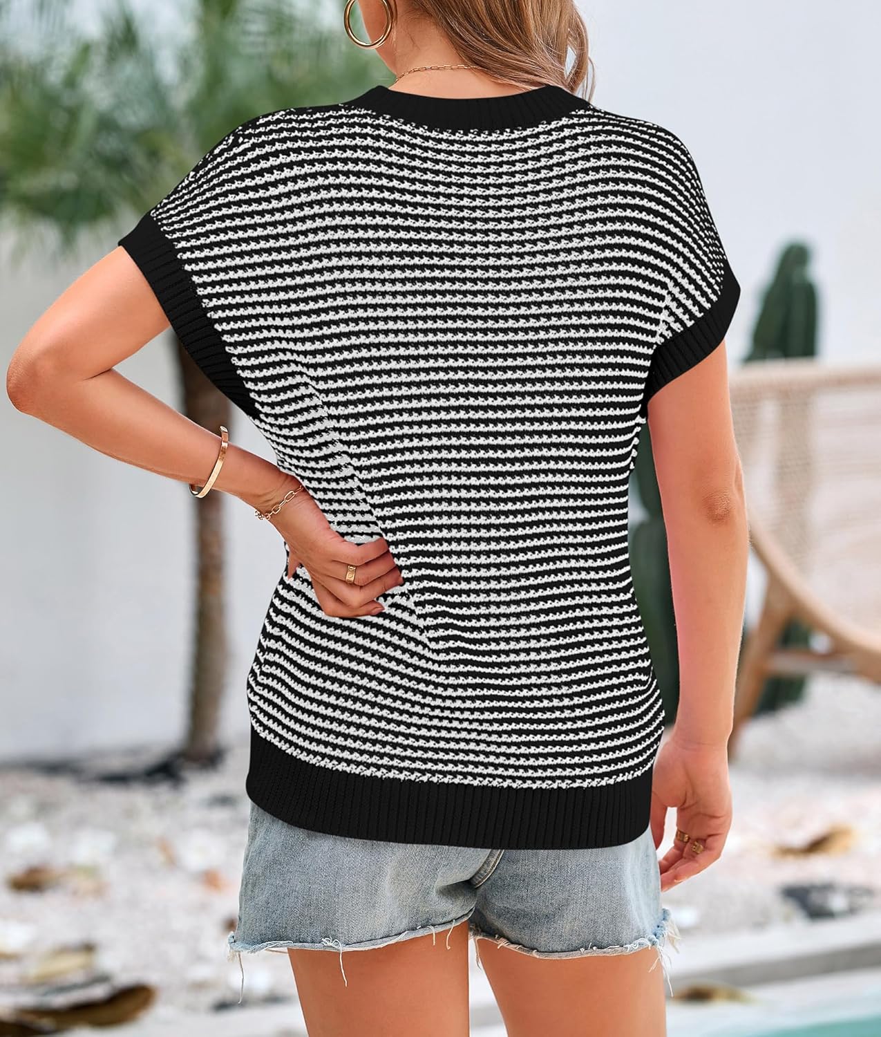 PRETTYGARDEN Womens Short Sleeve Sweater Spring Summer 2026 Round Neck Striped Pullover Cap Sleeve Knit Sweater Vest Tops - Image 2