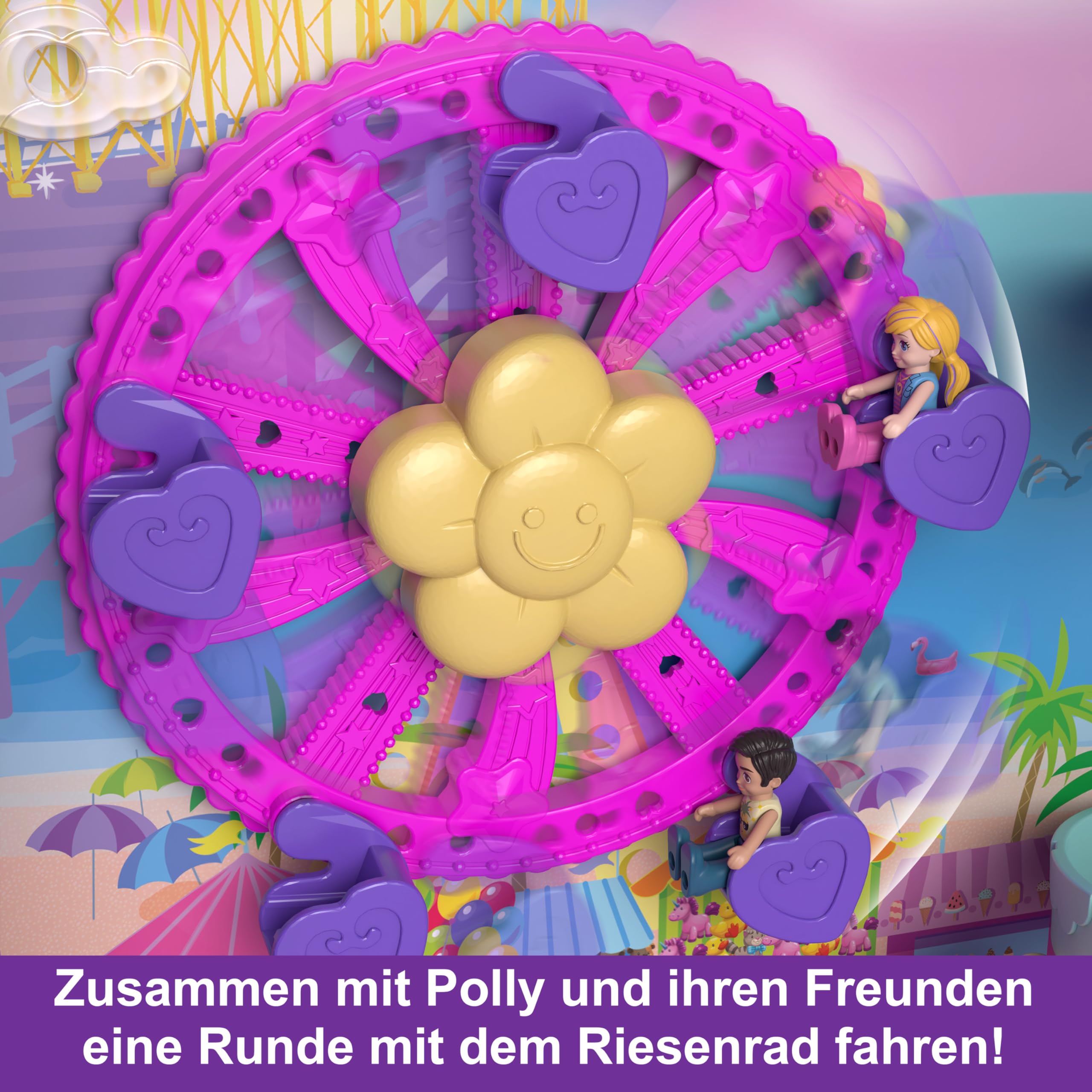 Polly Pocket Pollyville Urlaub im Rollkoffer 4 Puppen 1 Fahrzeug 25+ Zubehörteile Strand Hotel mit Helikopter ab 4 Jahren HKV43