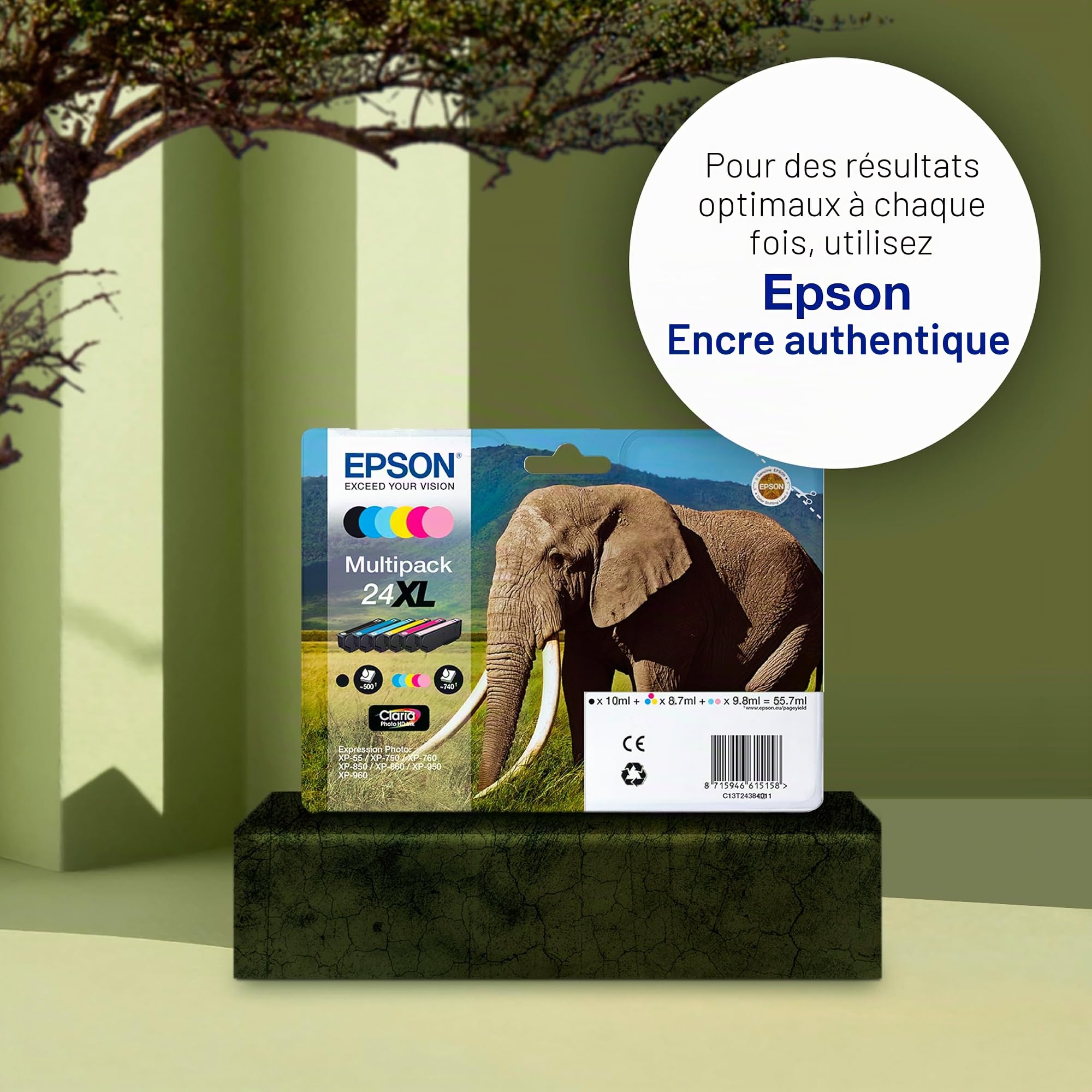 Epson 24 Elephant Genuine Multipack, Eco-Friendly Packaging, 6-colours Claria Photo HD Ink Cartridges, Cyan