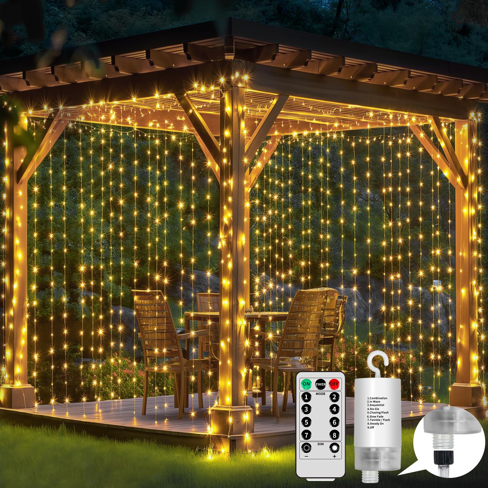 RJEDL Cortina Luces Exterior a pilas, 6x3m 600LED Cortina de luces exterior impermeable con mando a distancia, 8 modos cascada jardín luces de cadena para patio gazebo fiesta día de san valentín
