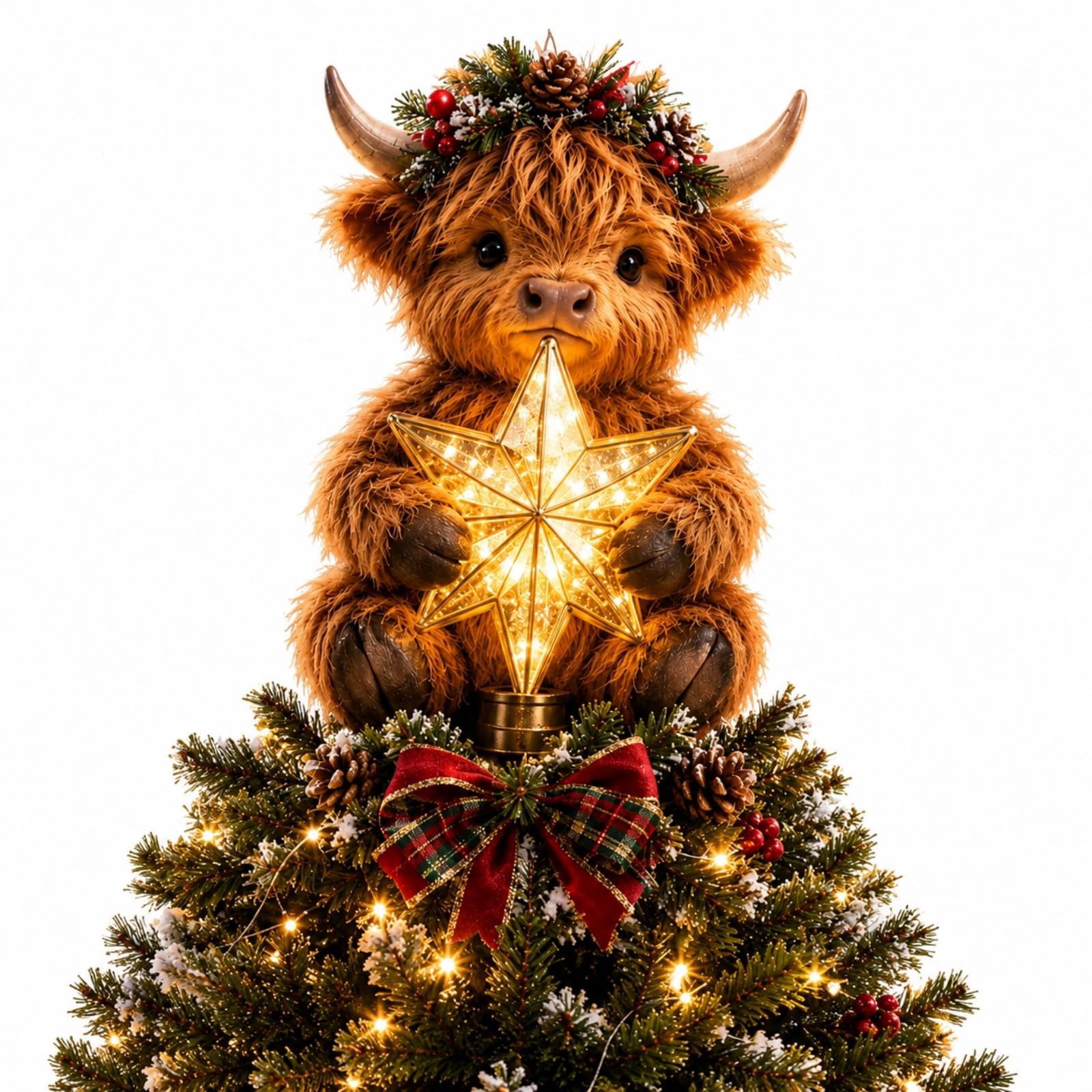 Baby Highland Cow Glowing Star Tree Topper, Lighted Christmas Decor