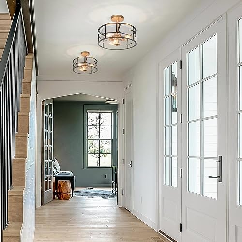 Miniatura 2 de ZEVNI Moderna lámpara de tambor, lámpara de techo semiempotrada de 3 luces de montaje negro dorado con pantalla de vidrio sembrado para dormitorio,