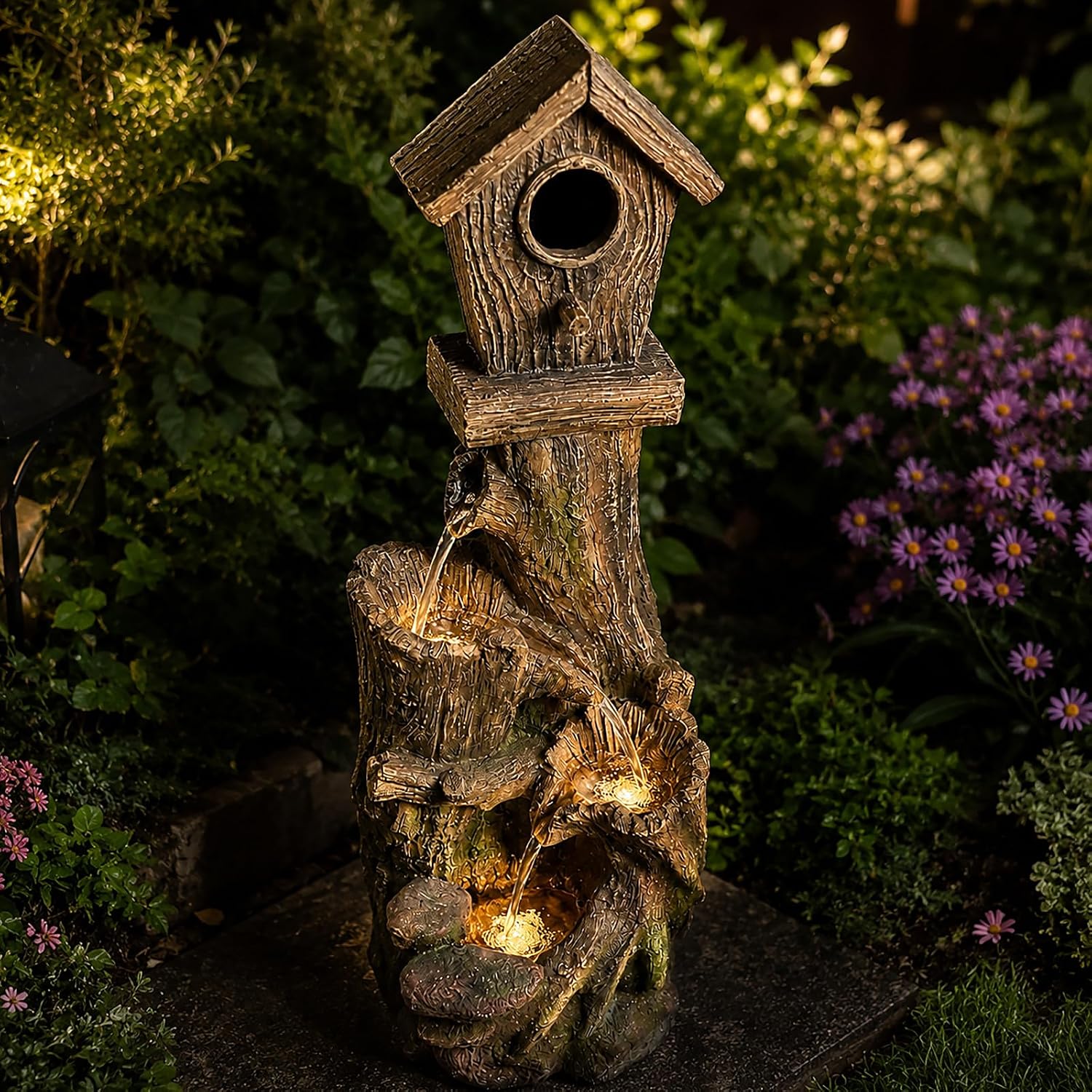 Outdoor Water Fountain with LED Lights Rustic Tree Stump Garden Fountain with Birdhouse Multi Tier Cascading Water Feature for Patio Backyard Lawn Entryway Resin Waterfall Decor 32 Inch