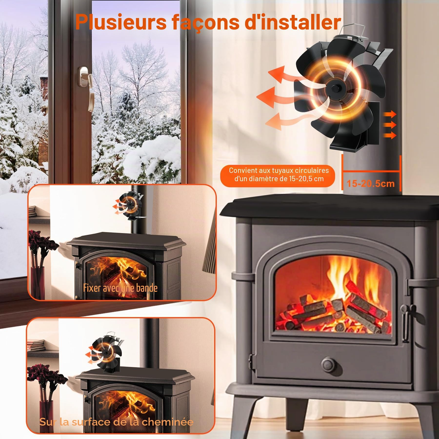 Ventilateur de poêle magnétique 3 en 1 - 6 feuilles - Avec thermomètre - Fonctionnement silencieux - Fonctionne à la chaleur - Sans électricité - Pour bois/brûleur à bois/cheminée - Avec 1 anneau de