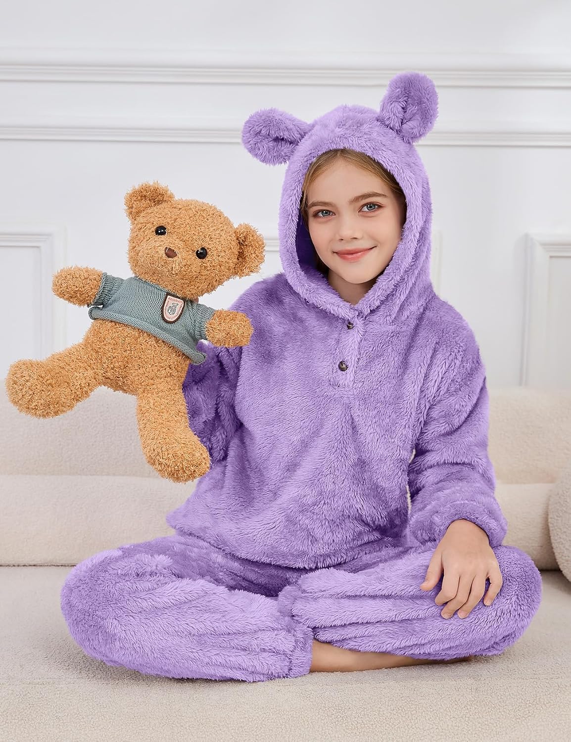 Kissonic Girls Fuzzy Pants Set Two Pieces Outfit Bear Ear Fluffy Hoodie Sweatshirt and Sweatpant Kids Clothing Sets - Image 4