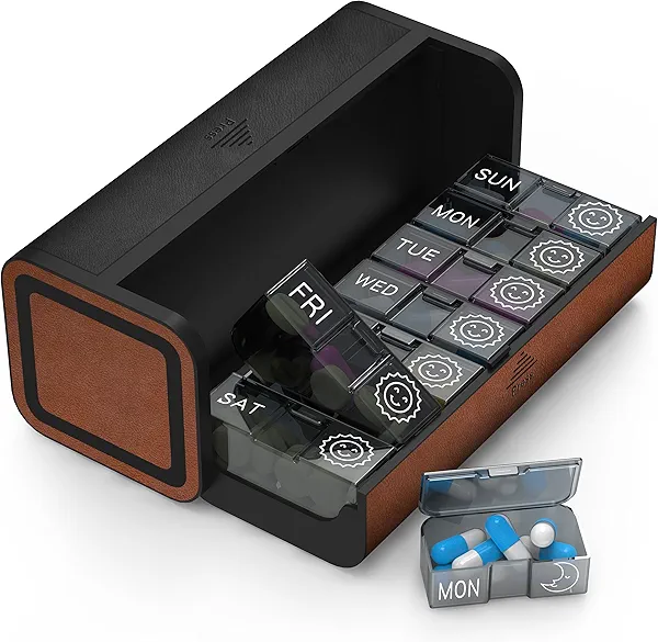 TALVOLC M Pill Organizer Weekly, 2 Times a Day for 7-Day Leather Medicine Box Travel Container Vitamin Am Pm Pill Case, Twice Daily Privacy Pill Holder, Modern and Portable Pillbox (Black and Brown)